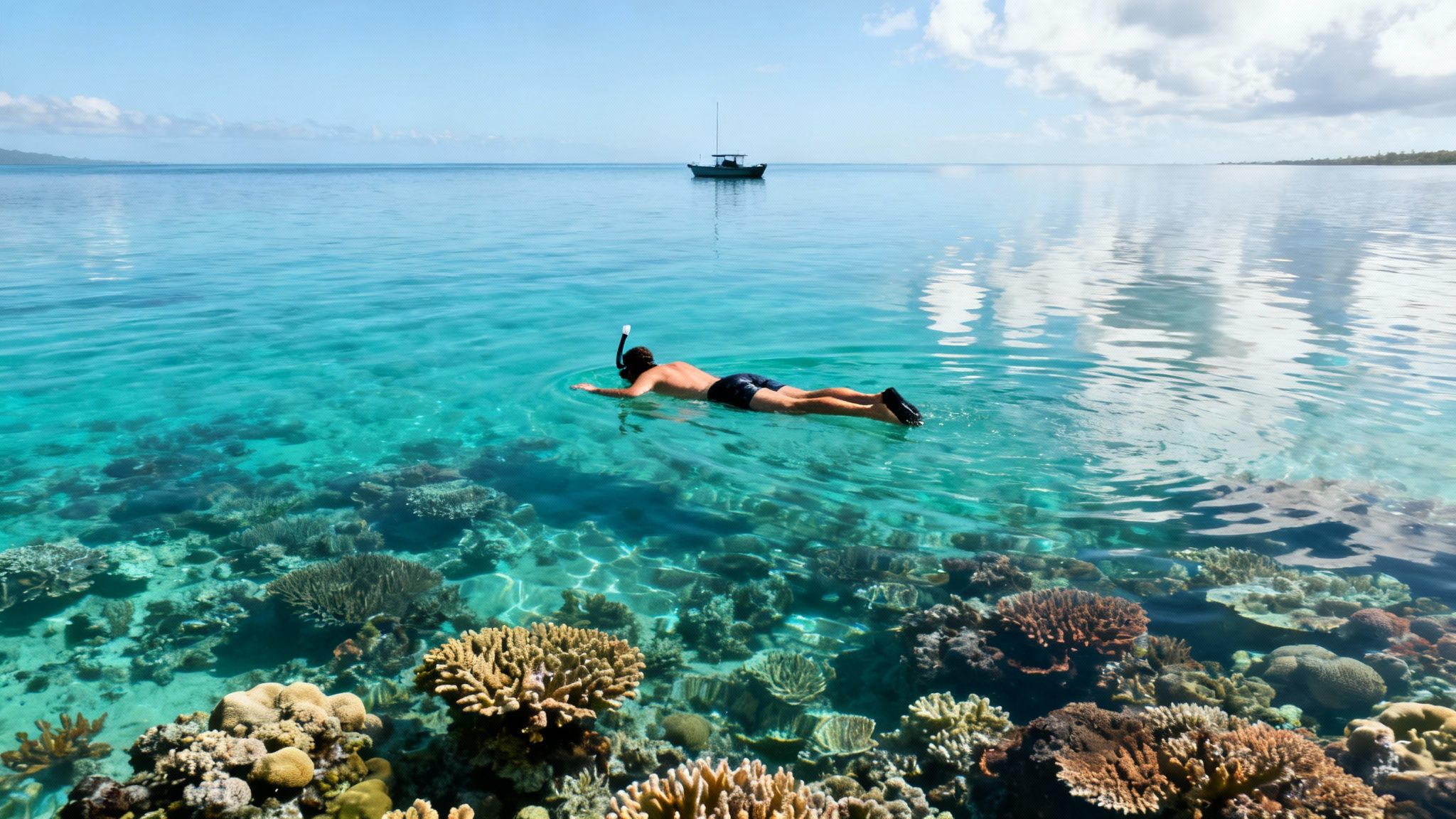 A person snorkels in clear turquoise water over a vibrant coral reef, with a boat further out.
