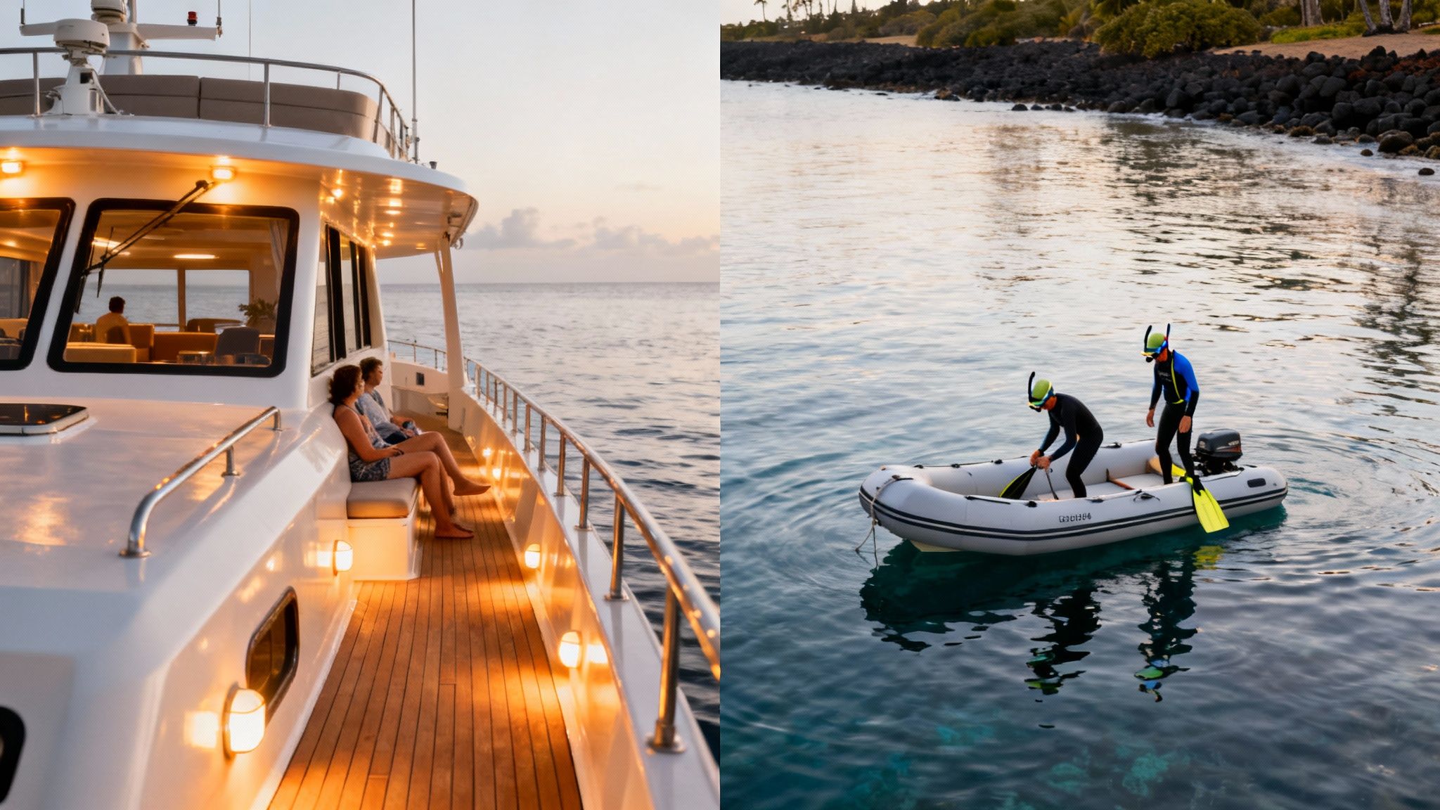 Split image of people relaxing on a yacht at sunset and snorkelers in a boat near the coast.