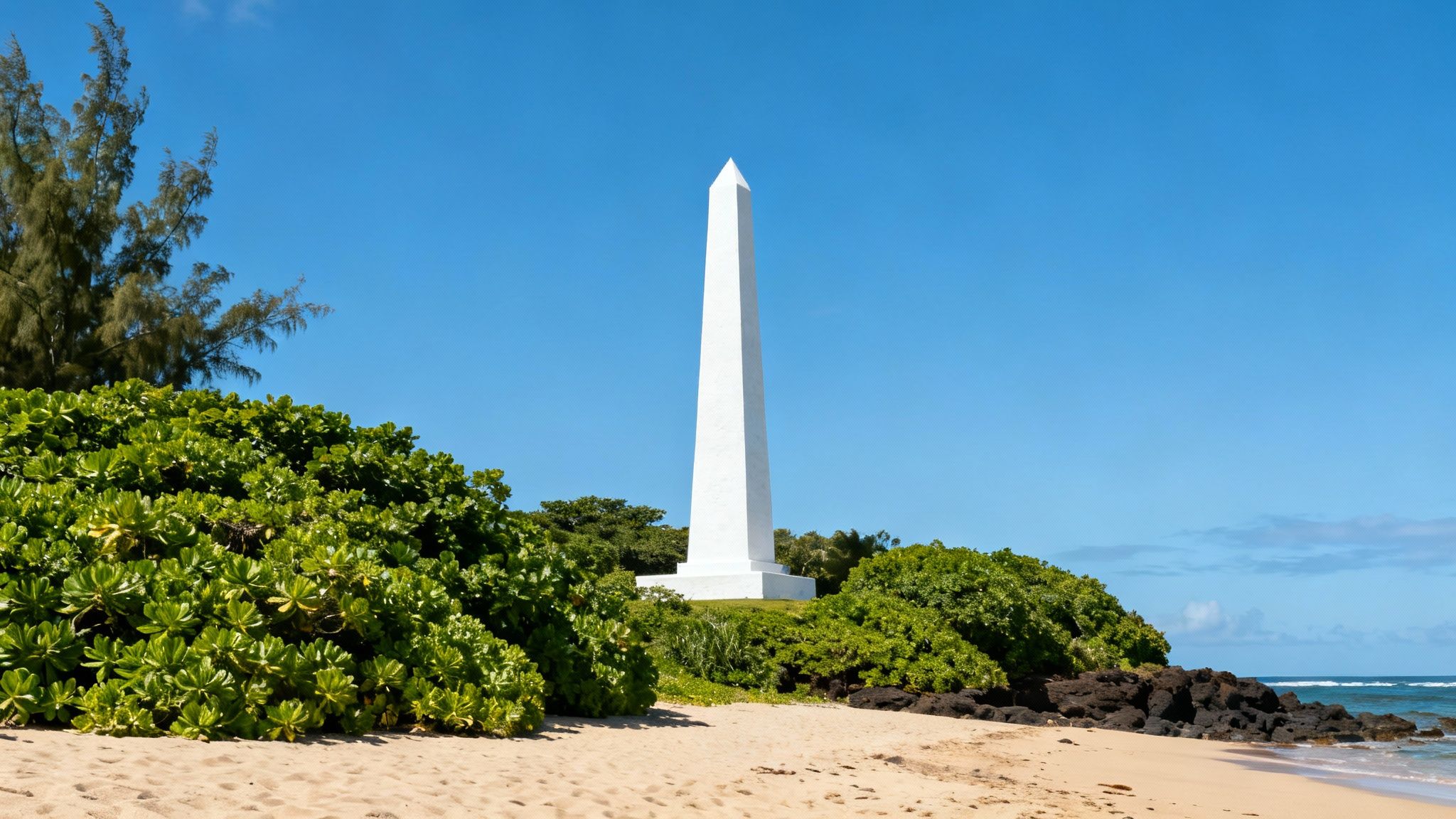 The white Captain Cook Monument standing on the shore of Kealakekua Bay, with snorkelers in the water nearby.
