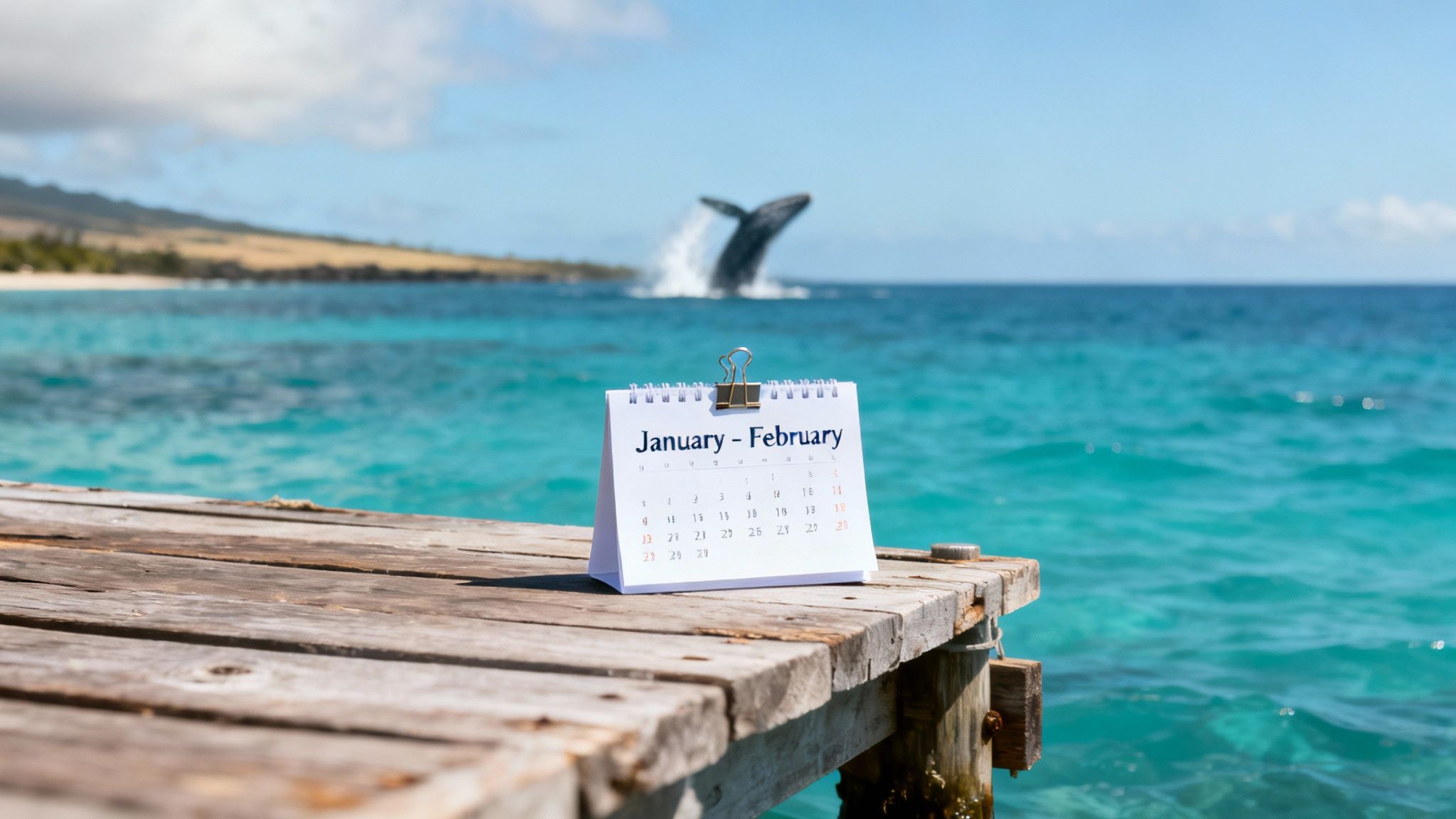 Desk calendar on a wooden pier shows January-February, with a whale breaching in the turquoise ocean.
