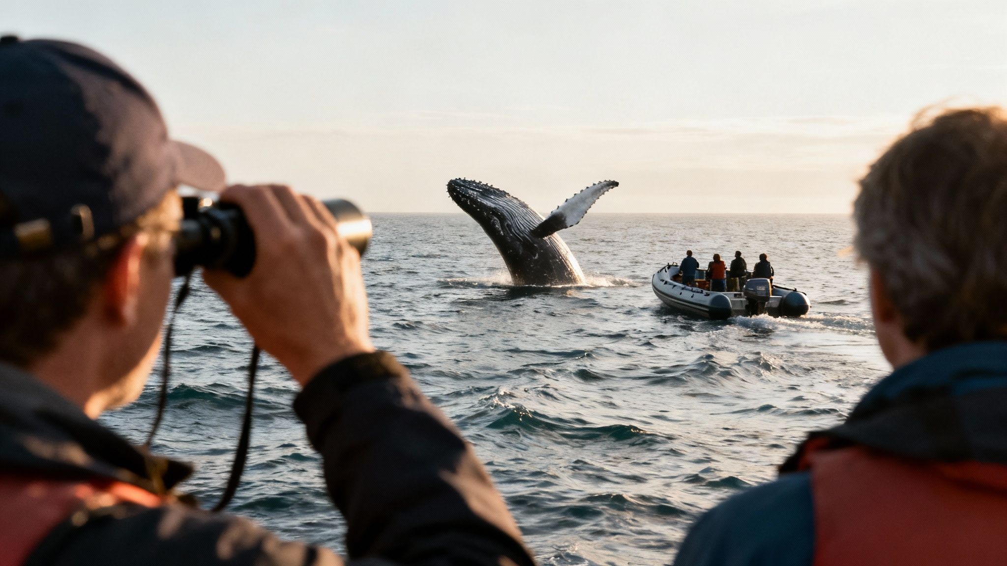 Close-up of a person with binoculars watching a humpback whale breach near a zodiac boat.