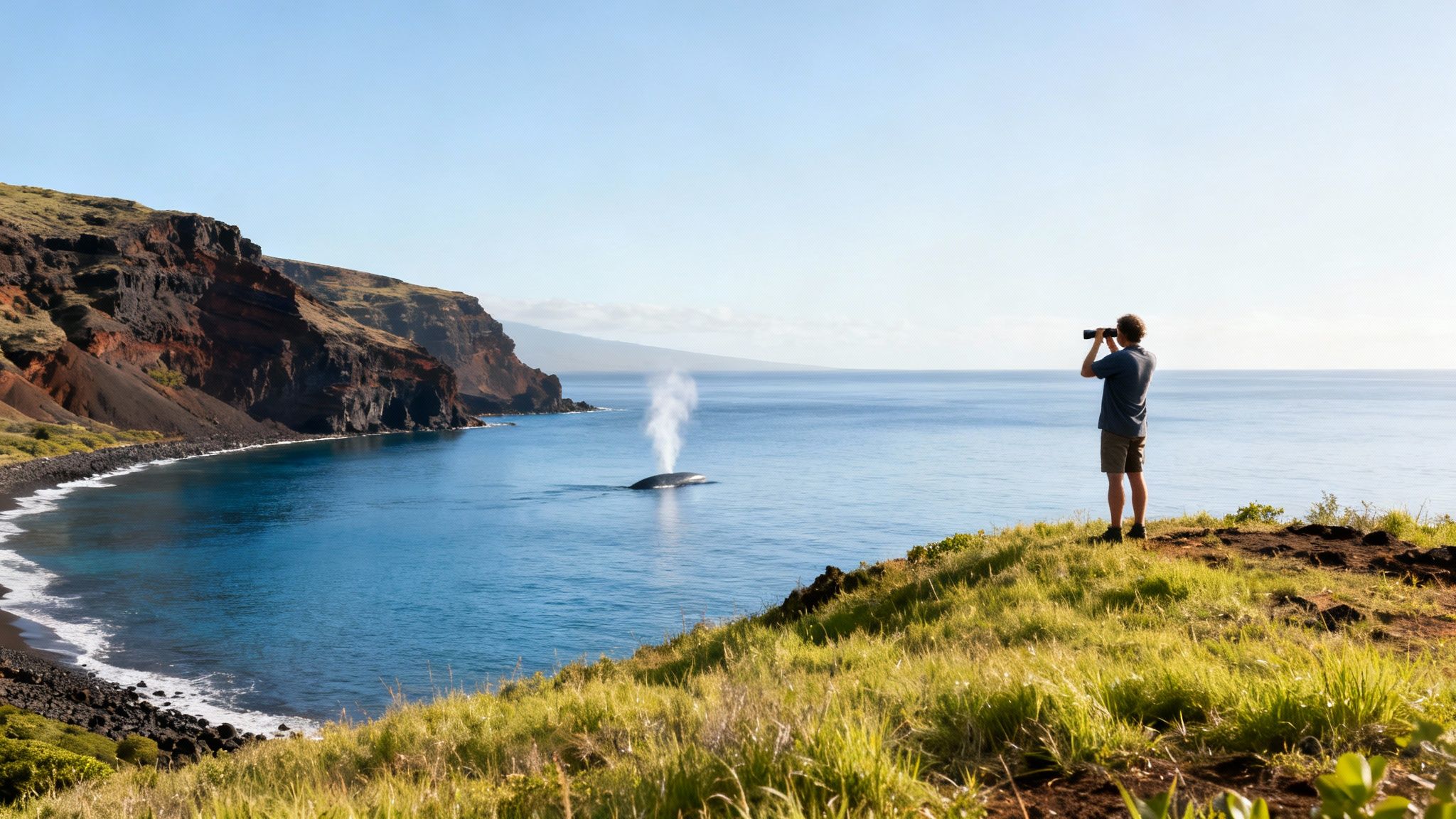 A man on a grassy cliff watches a whale spouting water in a beautiful ocean bay.