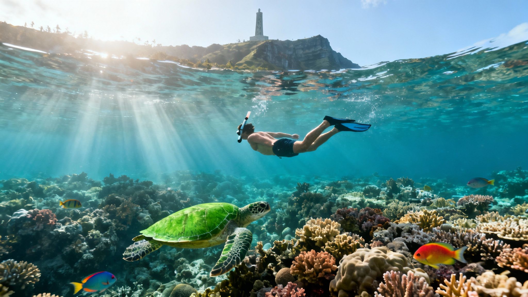 Person snorkeling with a sea turtle and colorful fish in a vibrant coral reef, with a lighthouse island in the background.