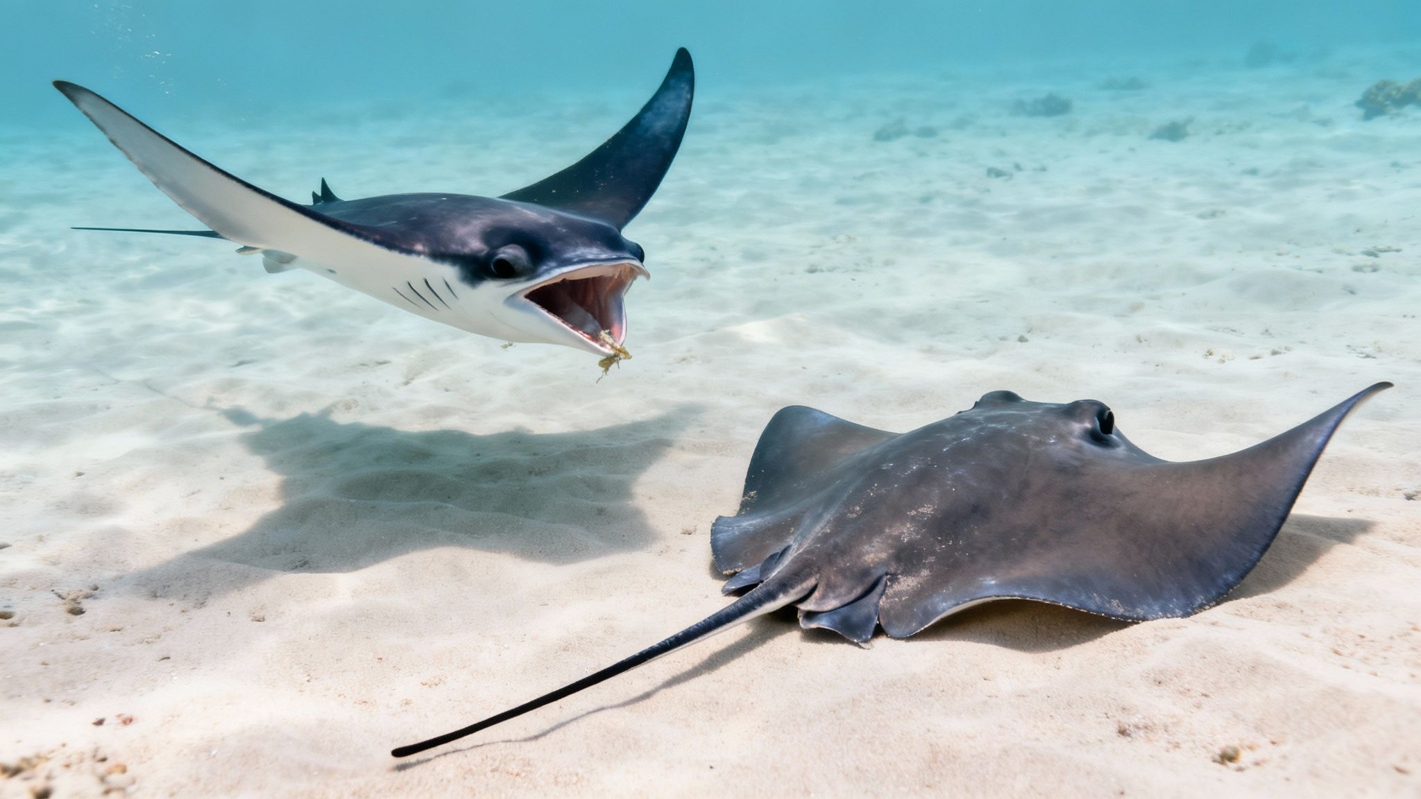 Two stingrays underwater, one swimming with its mouth open, the other resting on the sandy bottom.