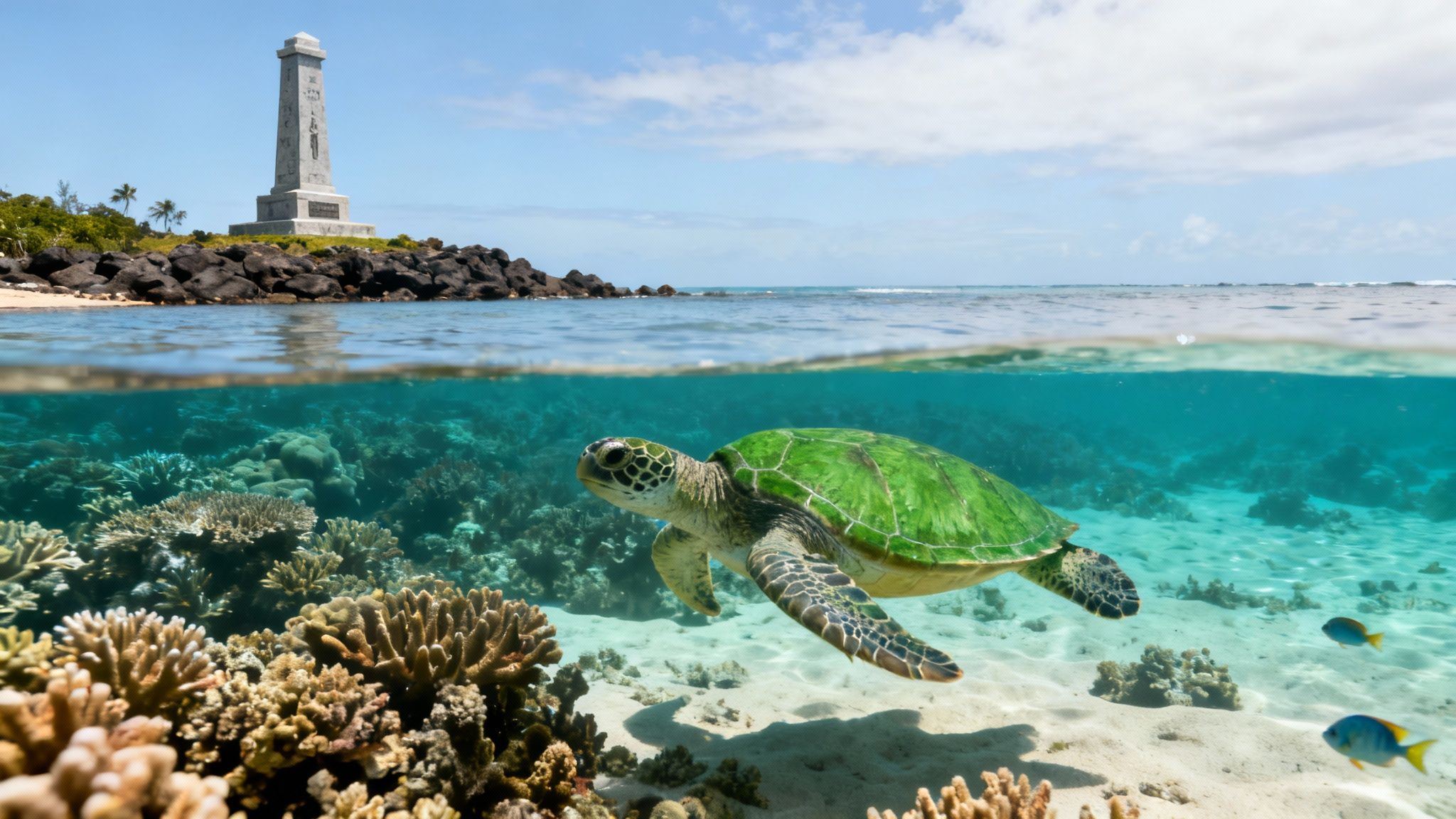 A split-level view of a green sea turtle swimming underwater with coral, and an island monument above.