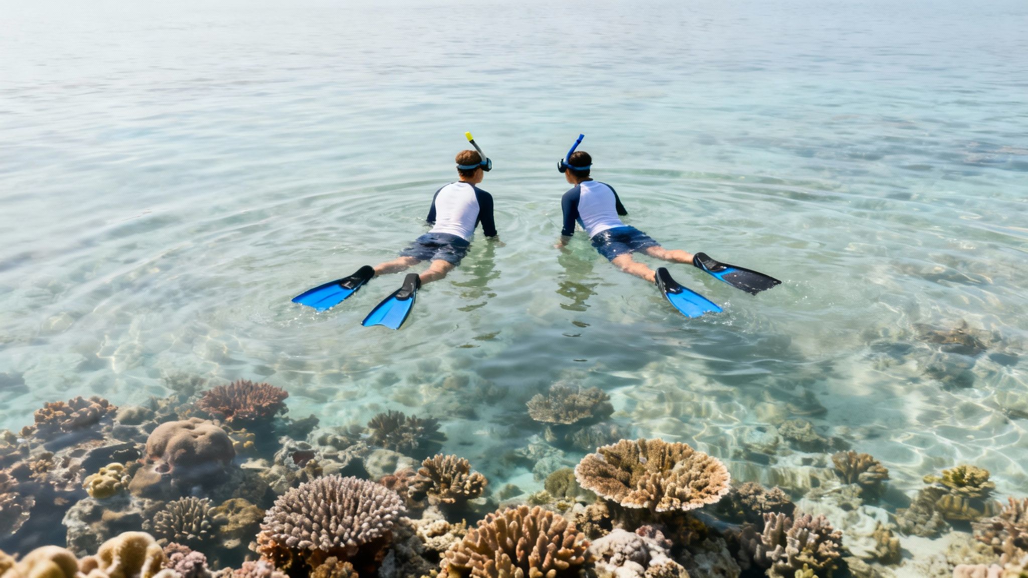 A snorkeler observing a sea turtle from a respectful distance in clear blue water.