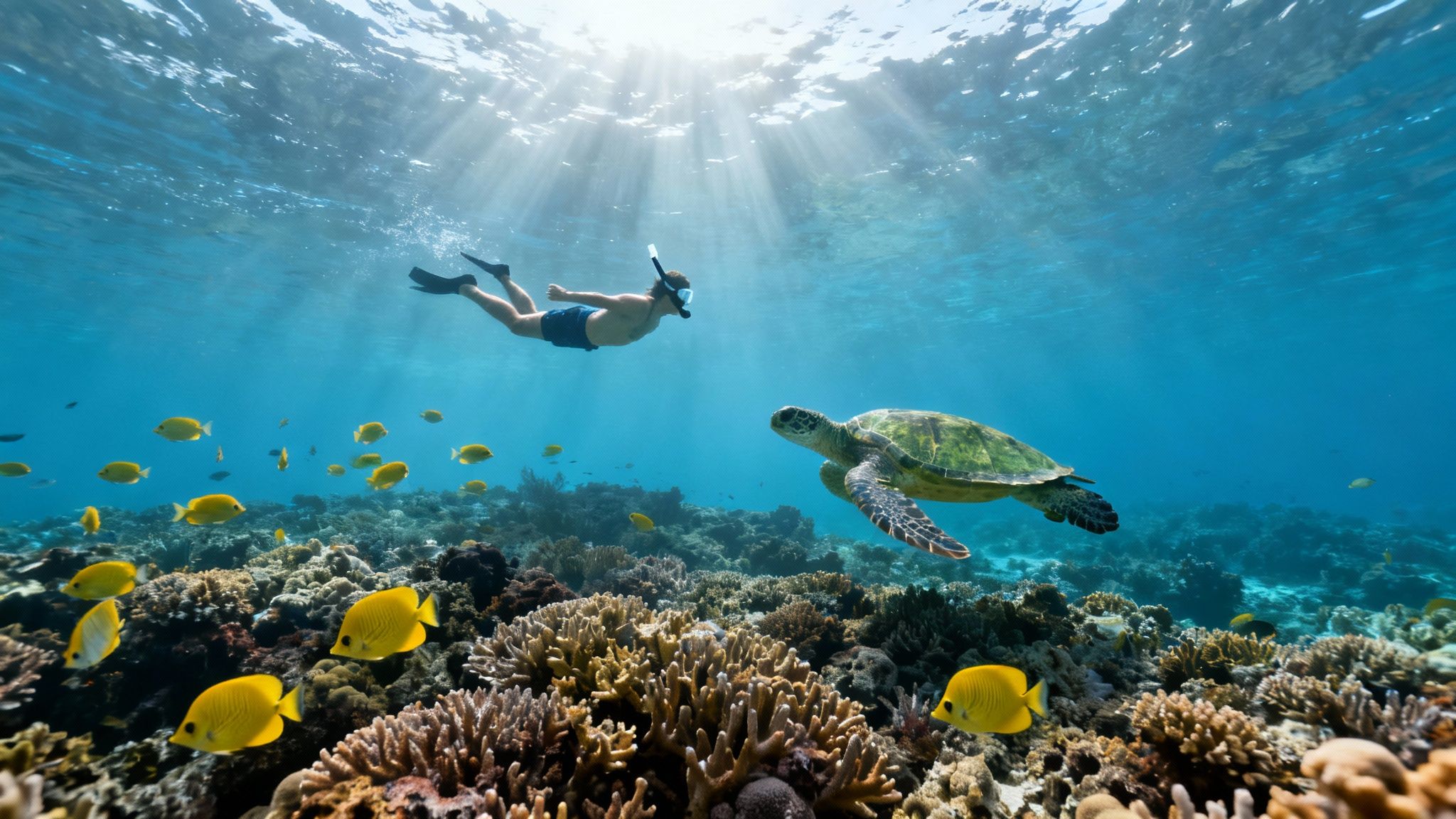 A man snorkeling with a sea turtle and yellow fish over a vibrant coral reef.