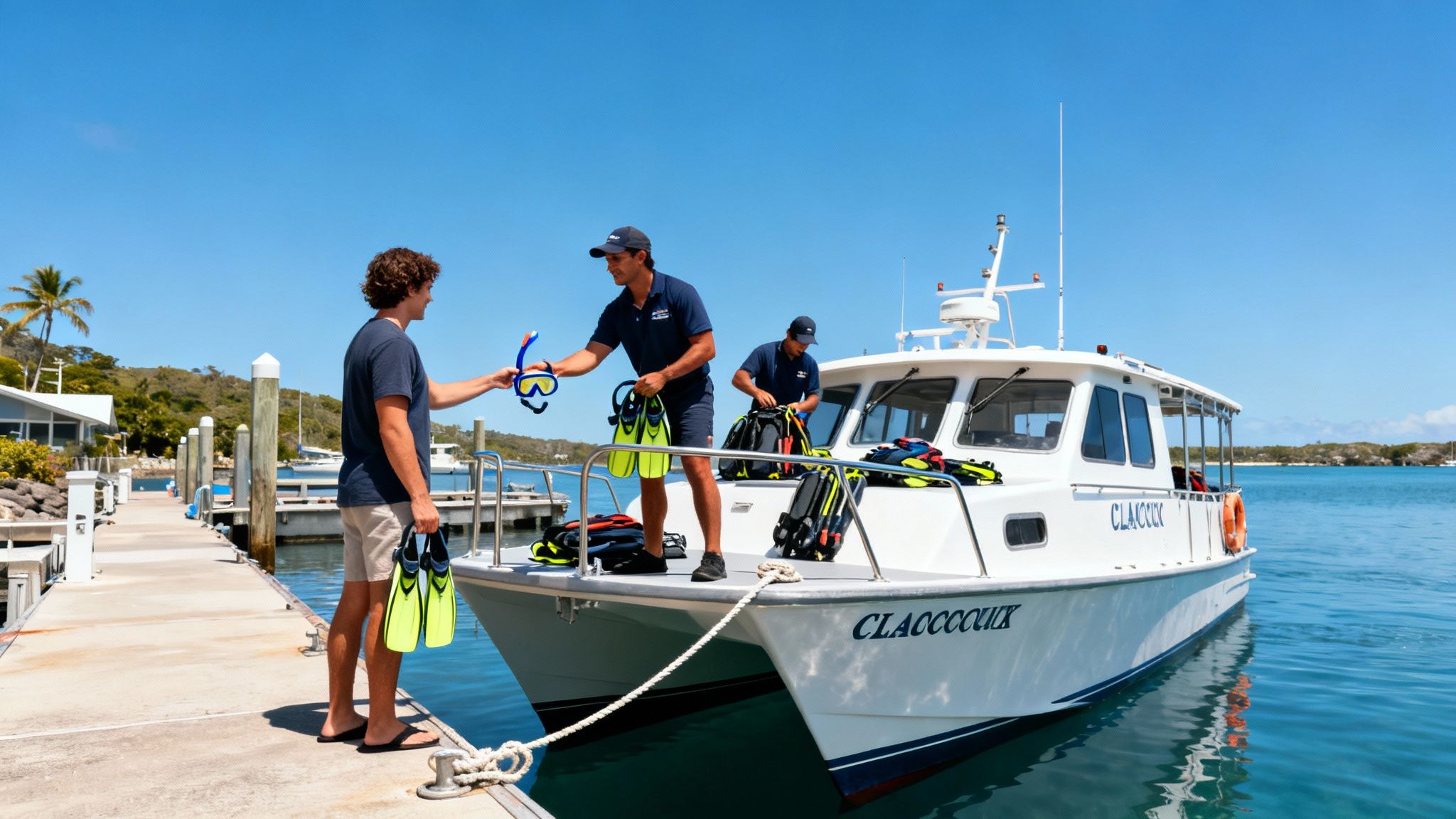 Two crew members prepare snorkel gear on a boat for a man on a sunny dock.