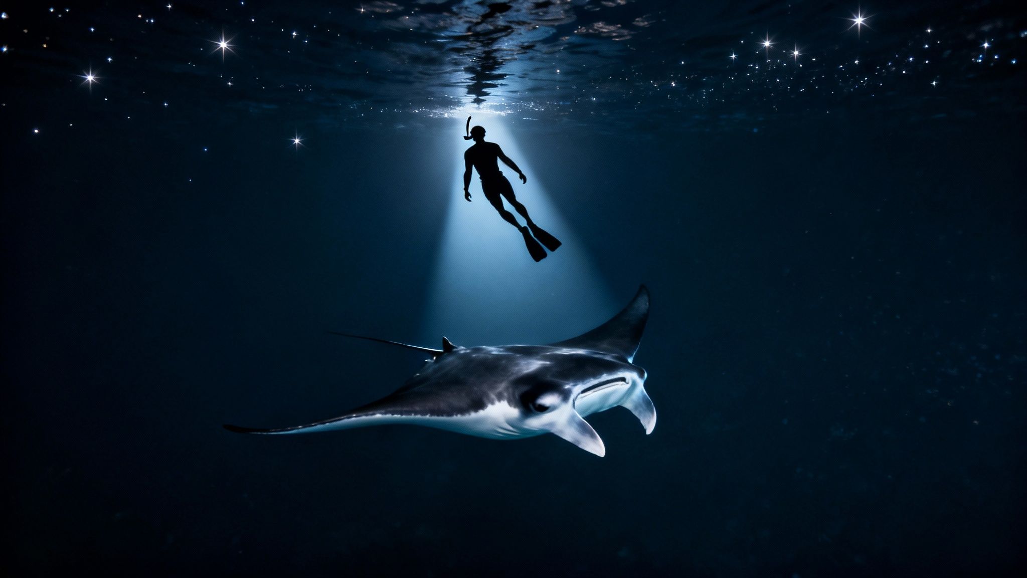 A manta ray gracefully glides through the water at night, illuminated by snorkel lights in Kona