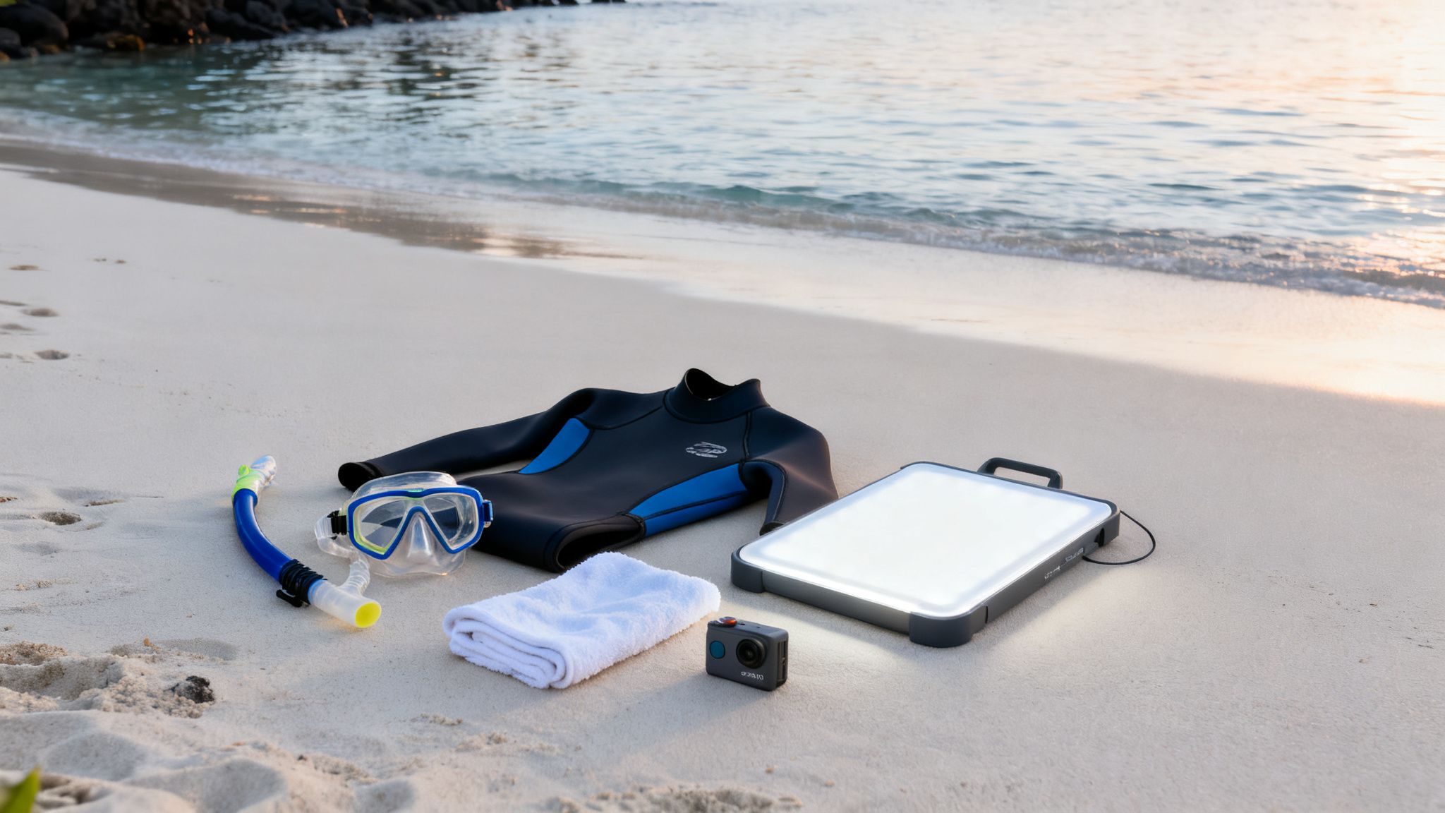 Snorkeling and diving gear along with a camera and light are neatly arranged on a sandy beach.