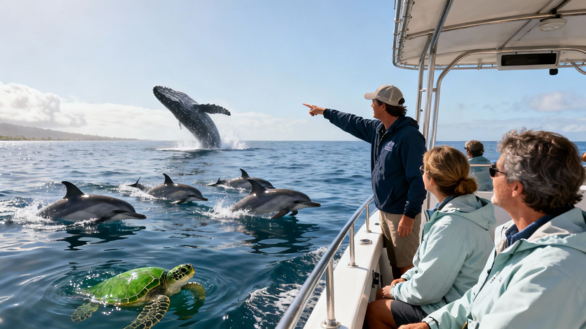 Tourists on a boat watch a breaching whale, swimming dolphins, and a sea turtle in the ocean.