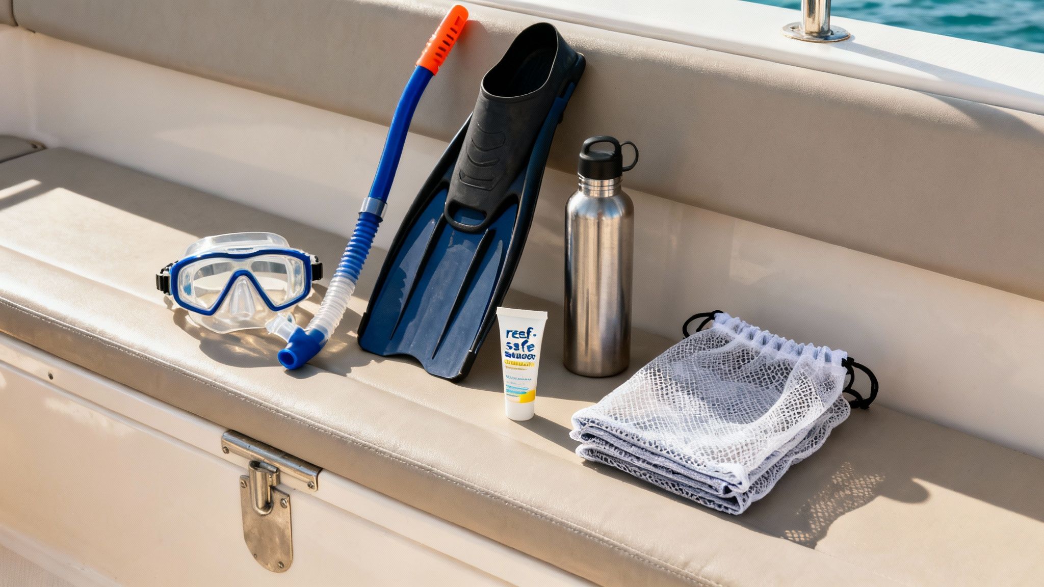 Snorkeling gear including mask, snorkel, flipper, reef-safe sunscreen, and water bottle on a boat bench.