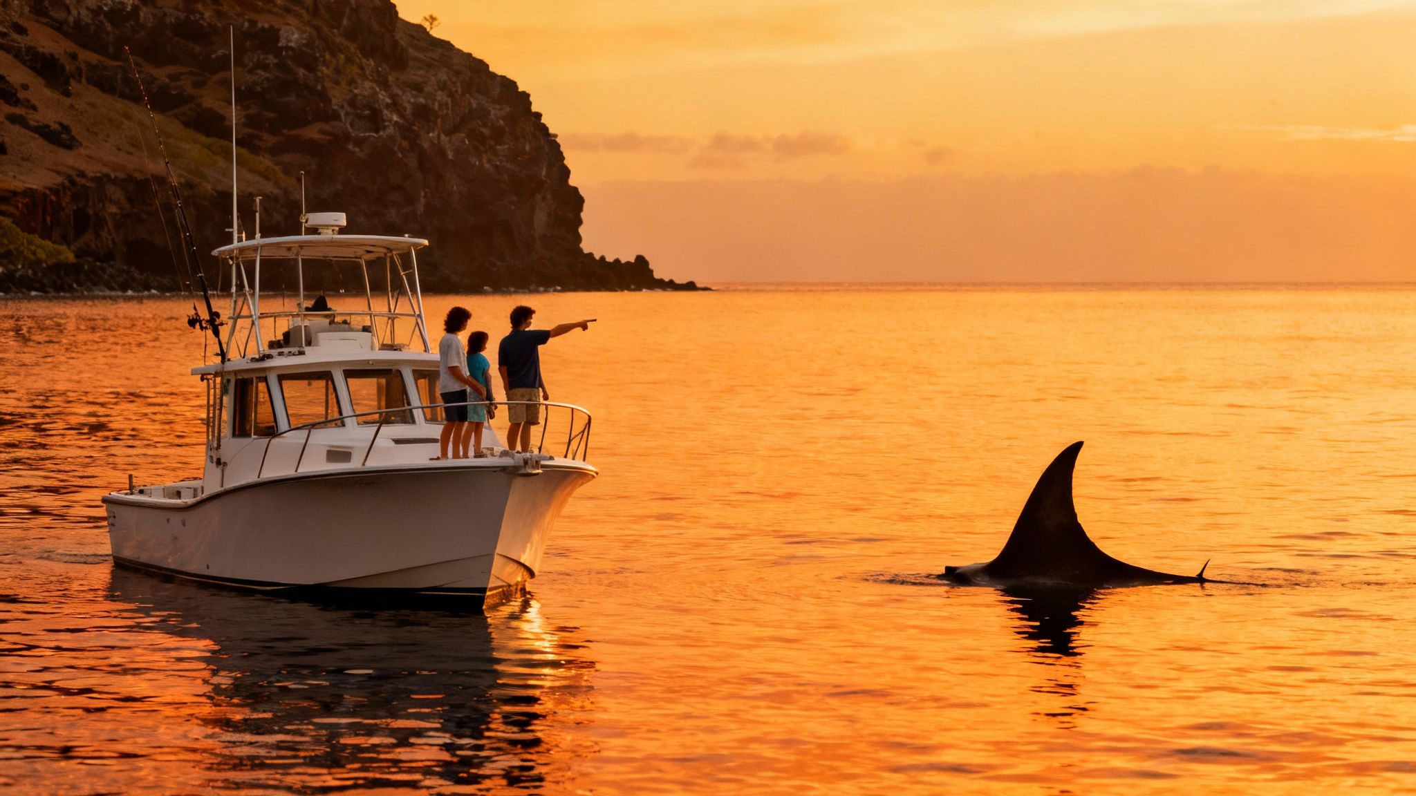 People on a boat pointing at a manta ray fin in the orange sunset ocean near a coastline.