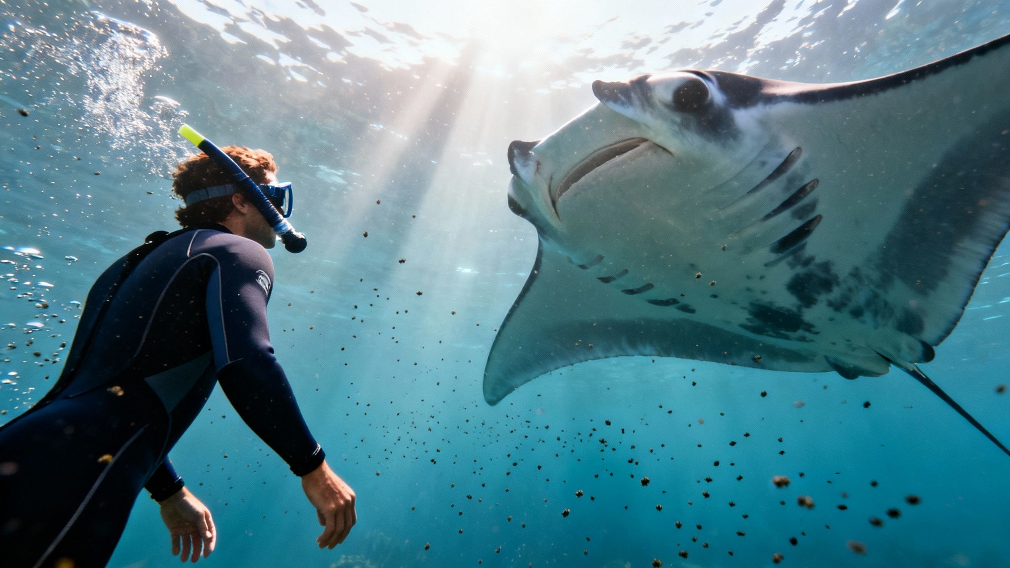 A person in a wetsuit snorkeling underwater, observing a large manta ray swimming above them.
