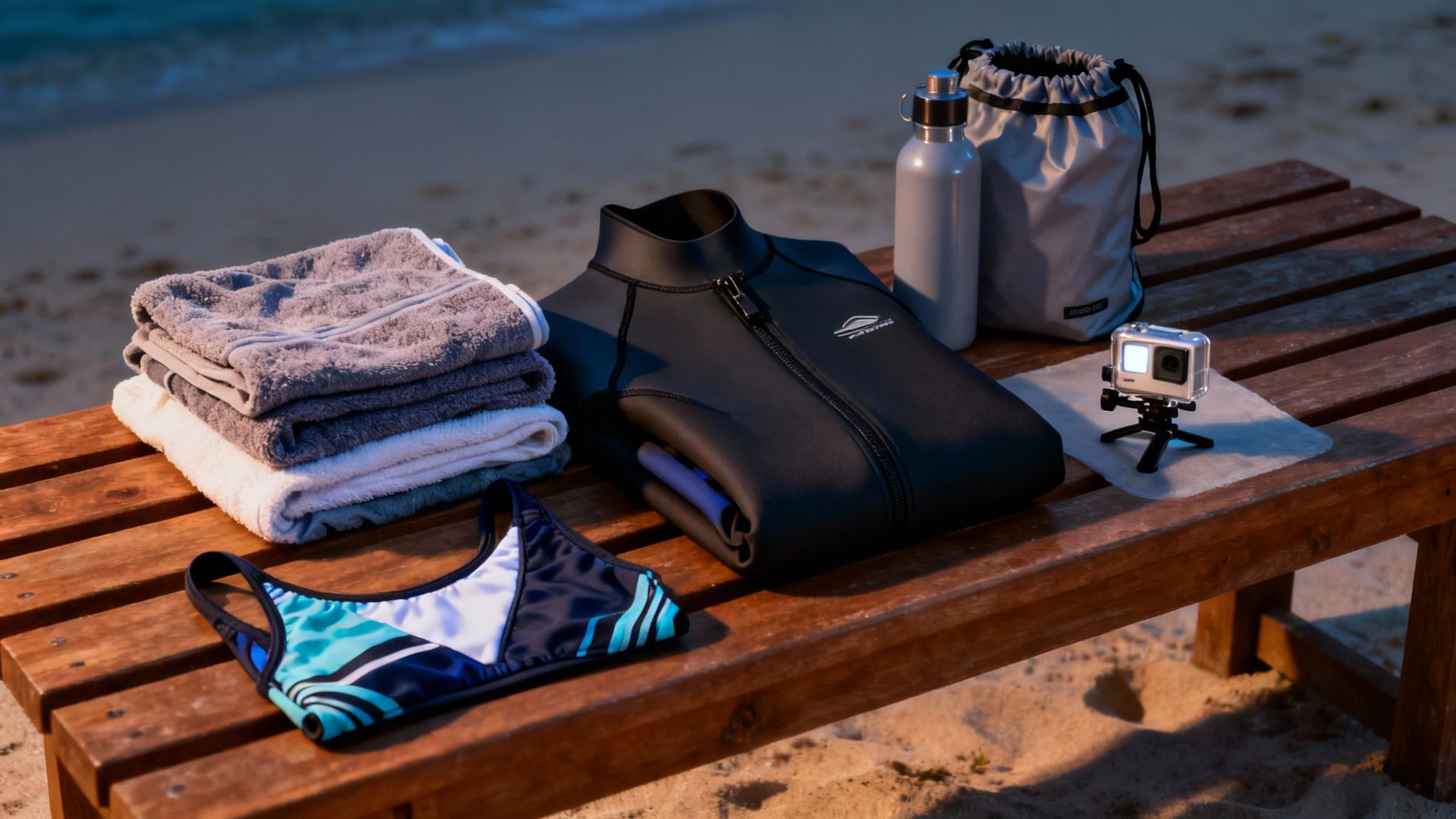 Snorkeling gear including towels, wetsuit, bikini, water bottle, bag, and GoPro camera on a beach bench at dusk.