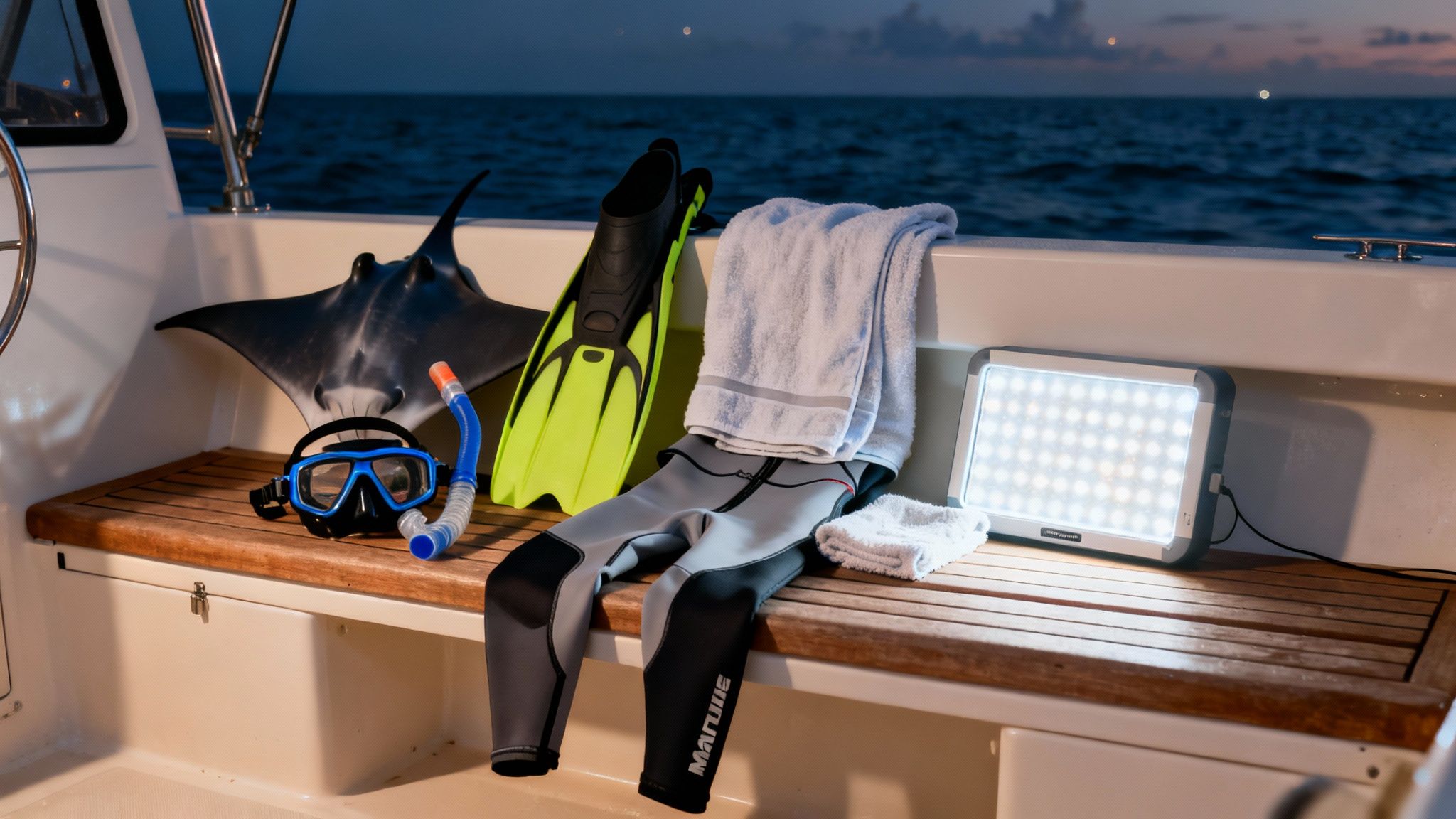 Snorkeling gear, a manta ray toy, wetsuit, and a bright LED light on a boat deck at dusk.