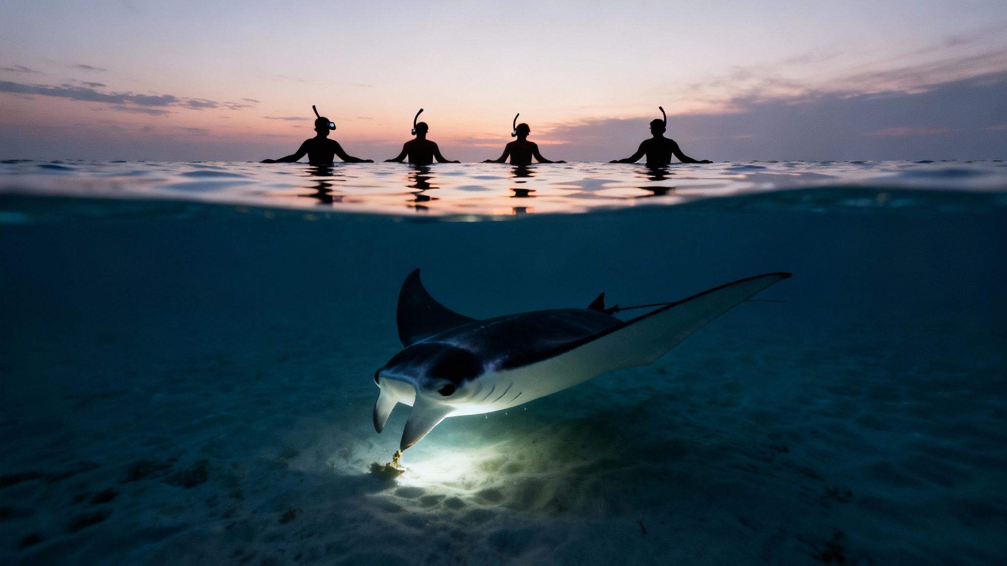 A split-level view showing snorkelers at sunset above, and a manta ray feeding below the ocean surface.