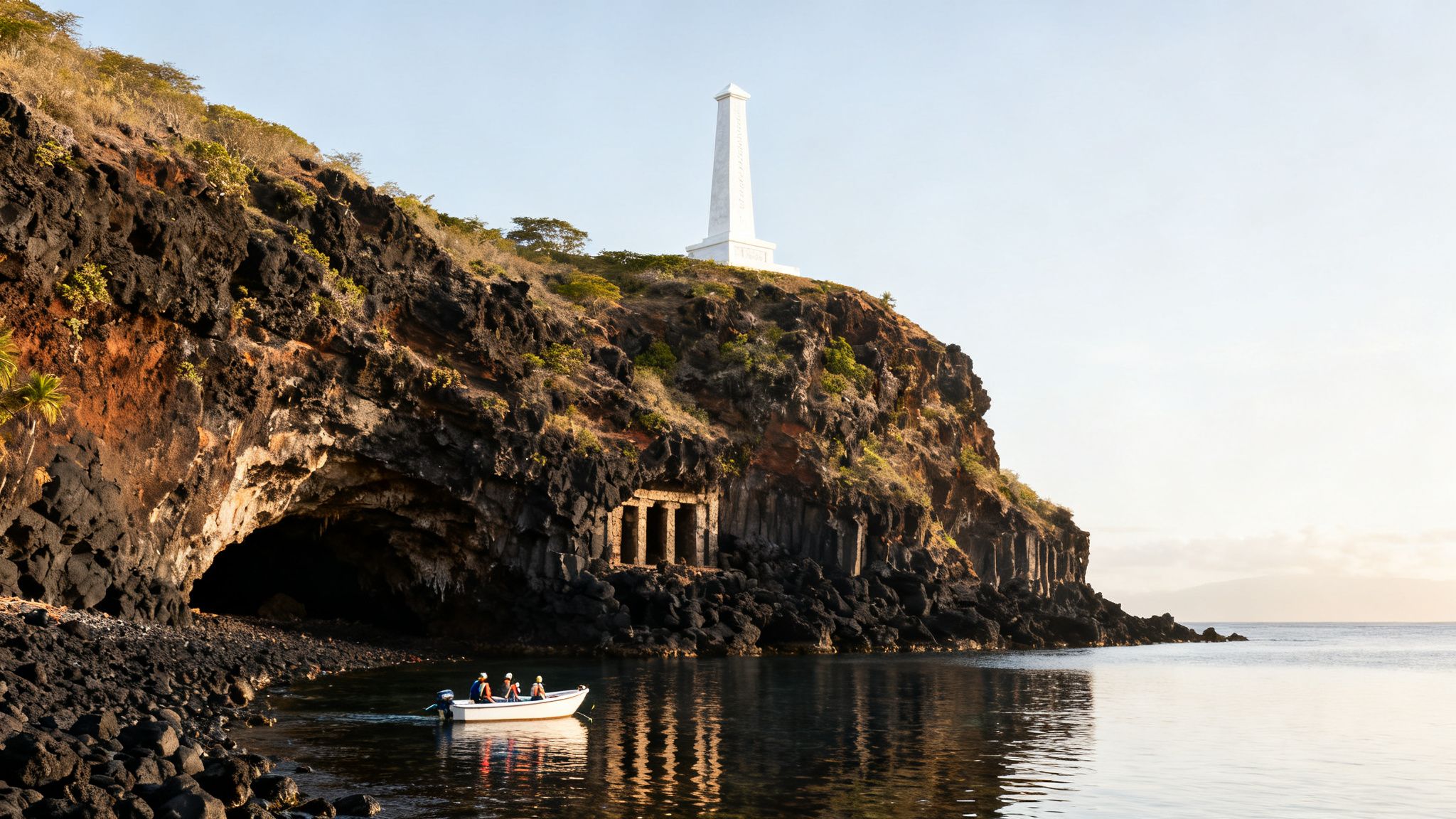 A small boat with people near a rocky coastline featuring a large cave and a white monument on a hill.