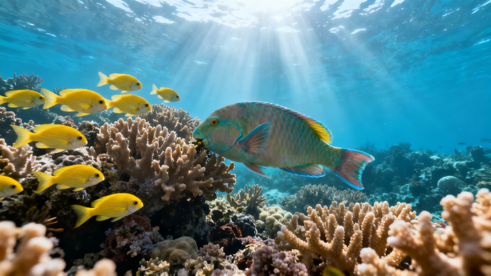 A colorful parrotfish feeds on coral alongside a school of yellow fish in a vibrant reef, bathed in sunlight.