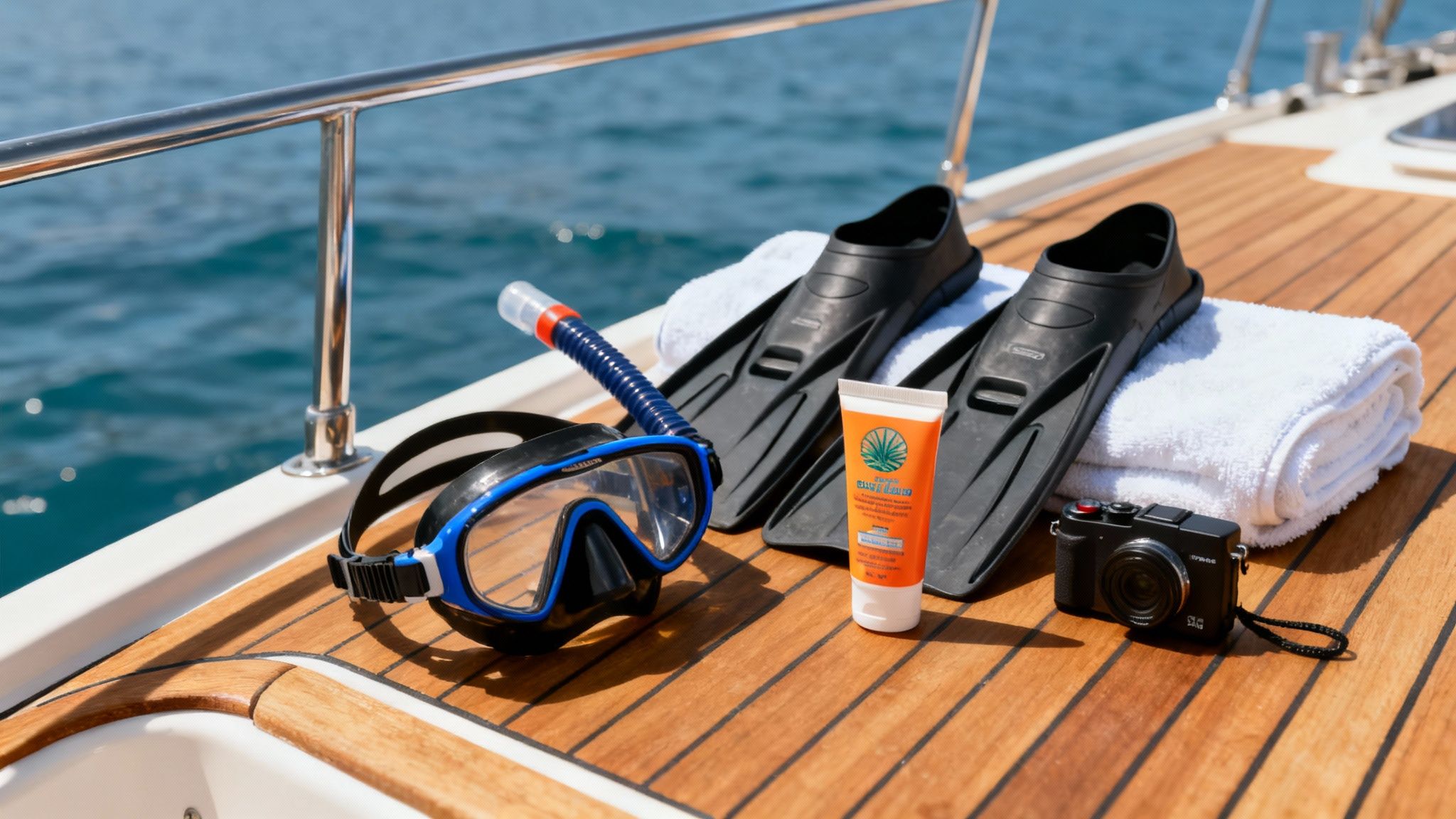 A snorkeler getting ready with gear on a boat deck.