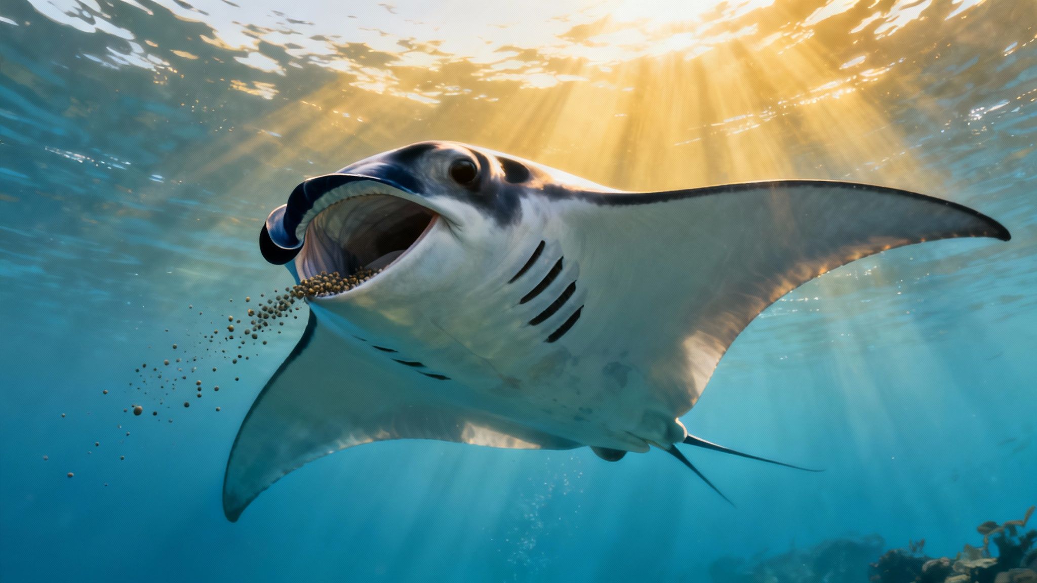 A majestic manta ray swims underwater, filter-feeding with its mouth open as sun rays pierce the surface.