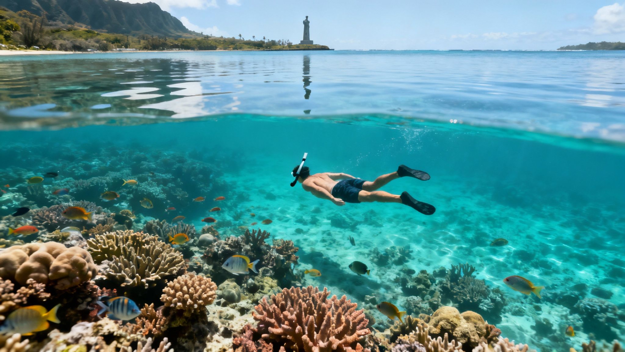 A vibrant underwater scene in Kealakekua Bay with colorful fish swimming around coral reefs.
