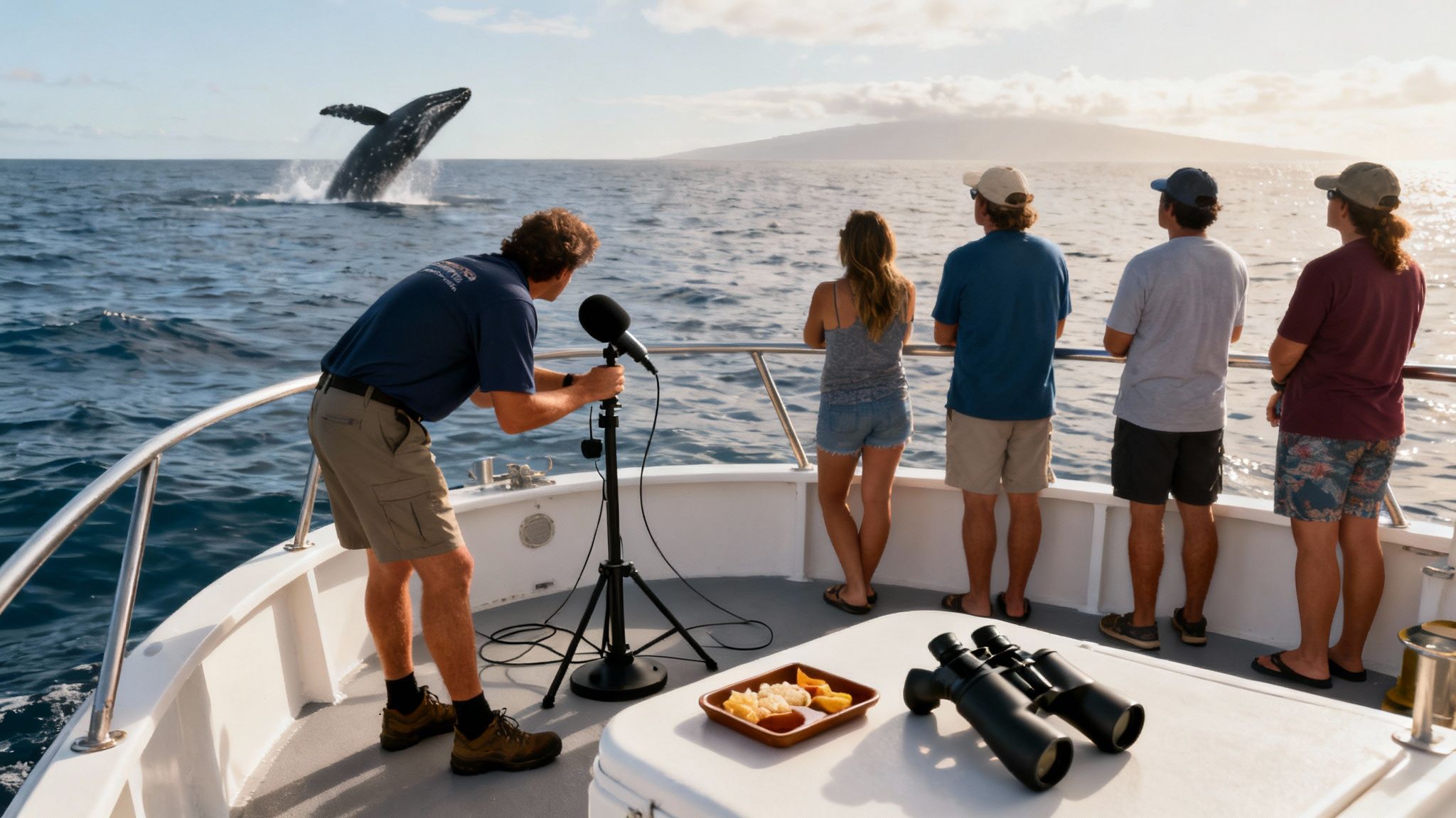 People on a boat excitedly watch a humpback whale breach dramatically from the ocean.
