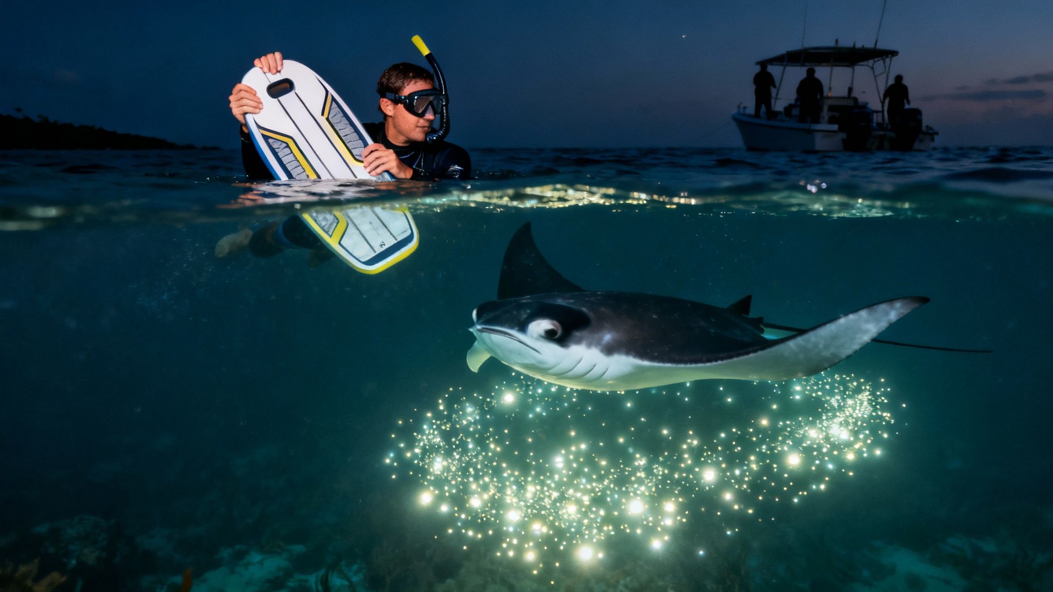 A person snorkeling at night with a manta ray illuminated by glowing underwater particles, and a boat.