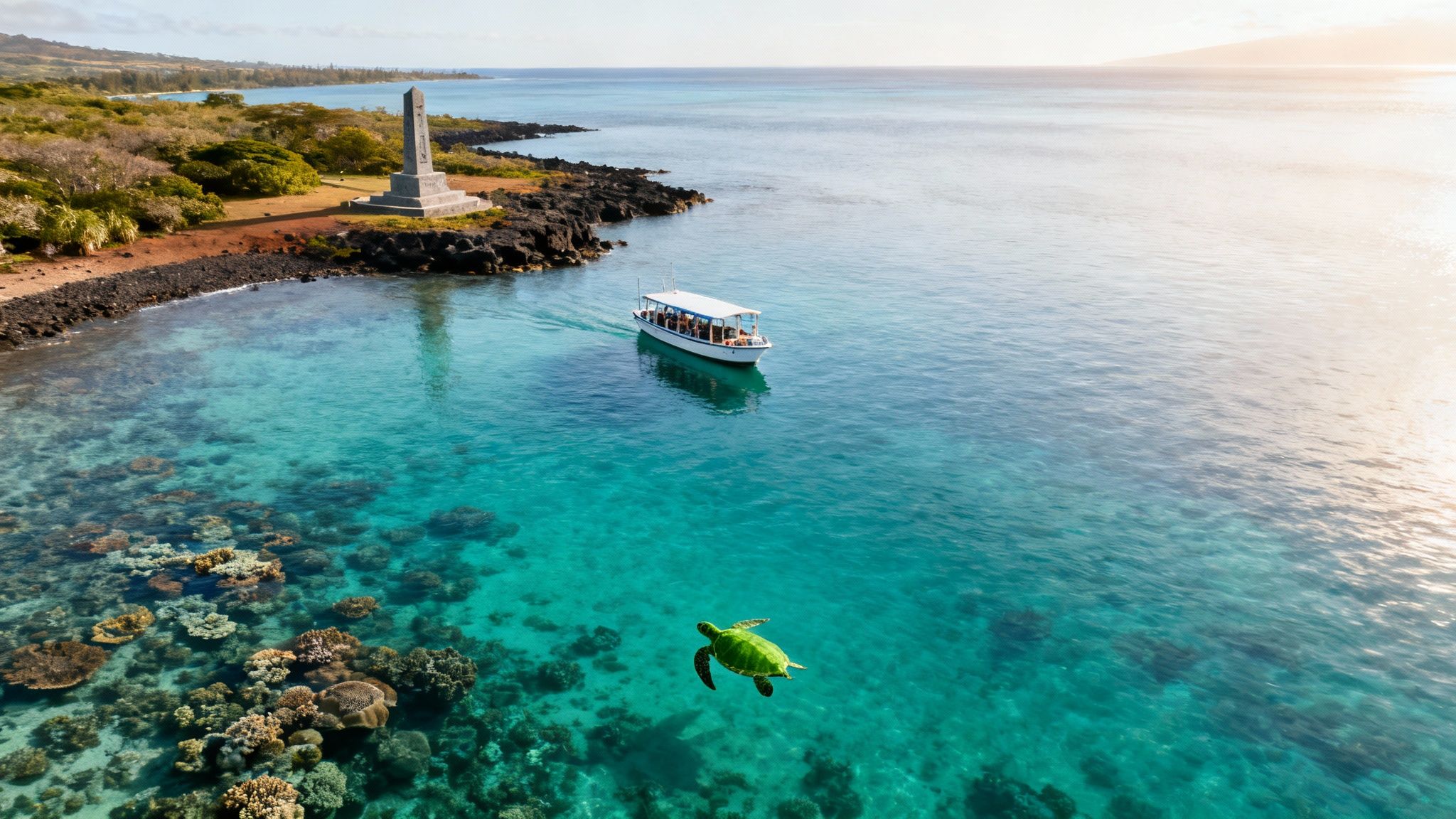 Aerial view of a vibrant tropical bay with a boat, a green sea turtle, coral reefs, and a monument.