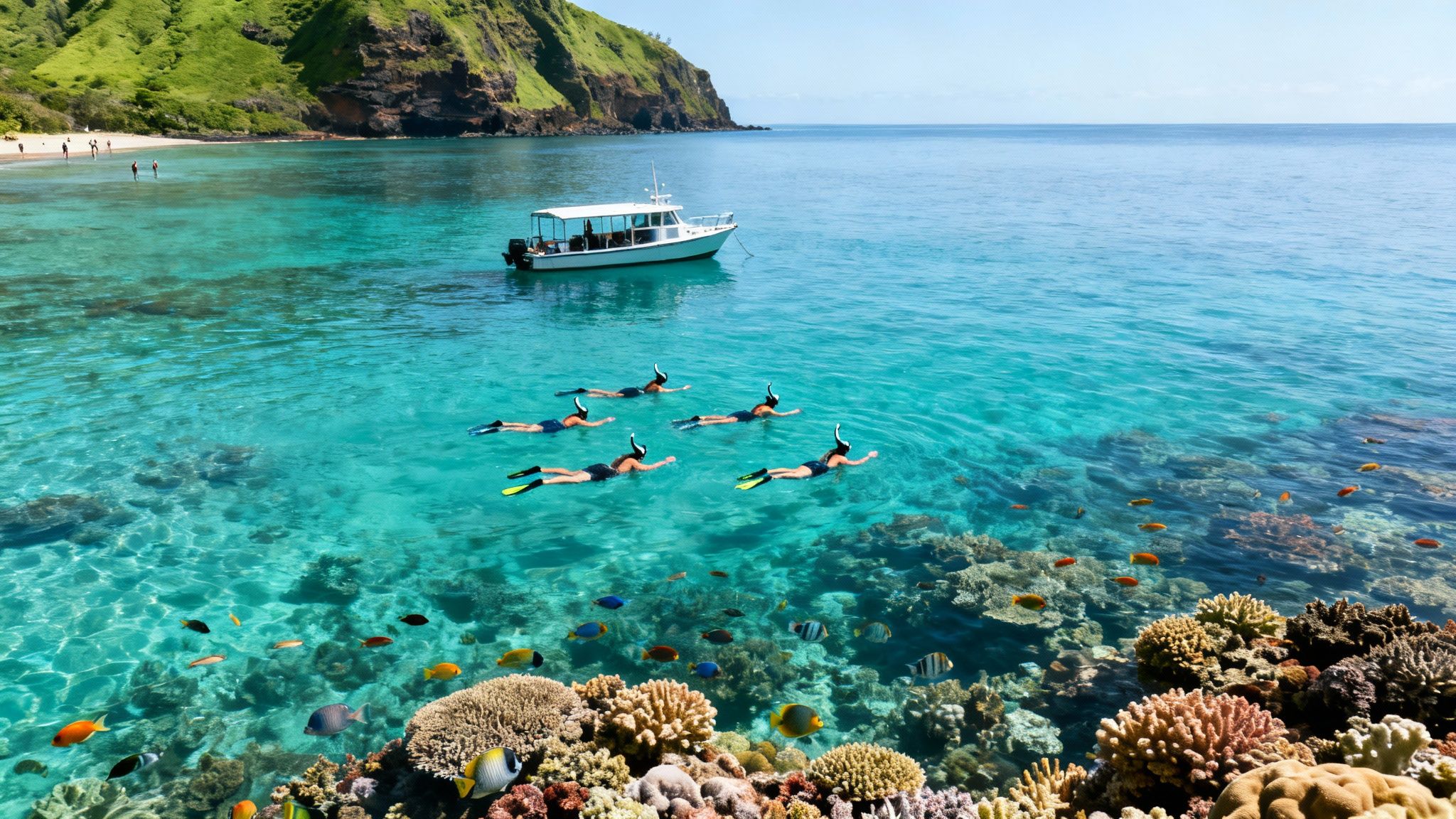 Group of people snorkeling in beautiful clear turquoise water above a coral reef with many fish.