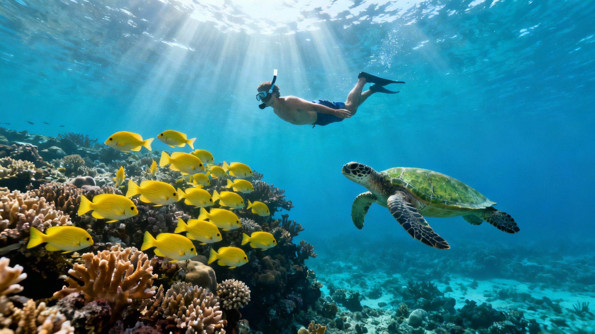 Man snorkeling alongside a green sea turtle and a school of yellow fish over a vibrant coral reef.