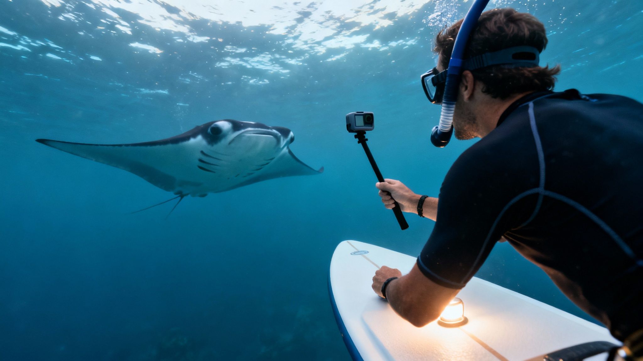 A person with a snorkel and camera captures a beautiful manta ray swimming underwater.