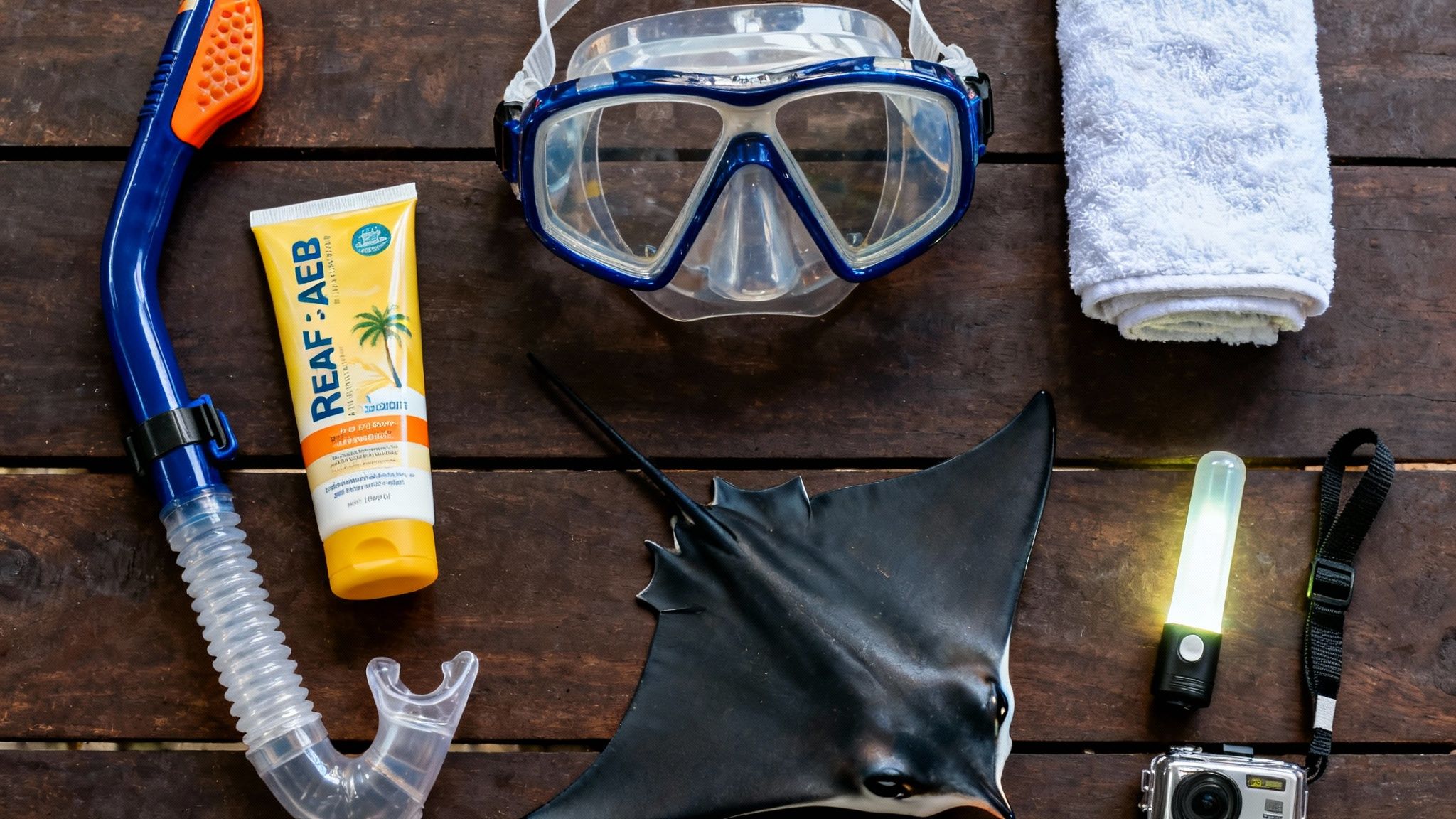A flat lay of snorkeling gear including a mask, snorkel, sunscreen, towel, manta ray, light, and camera on wood.