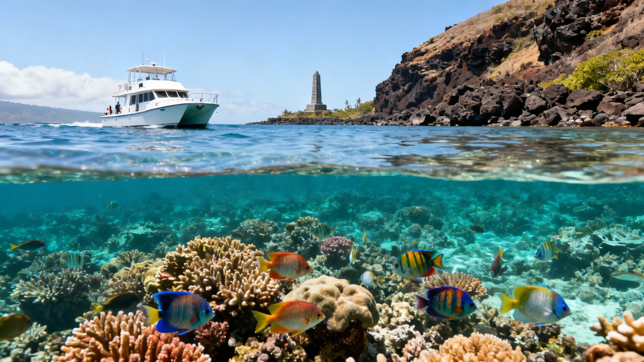 A vibrant split-level ocean scene featuring a boat, island monument, and diverse coral reef with colorful fish.