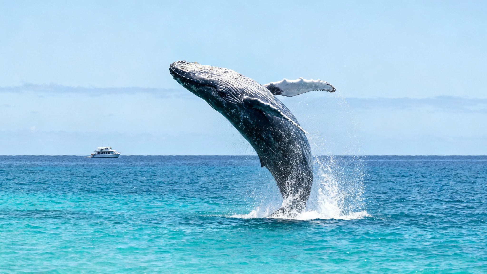 A humpback whale breaching spectacularly out of the ocean near the Big Island coast.