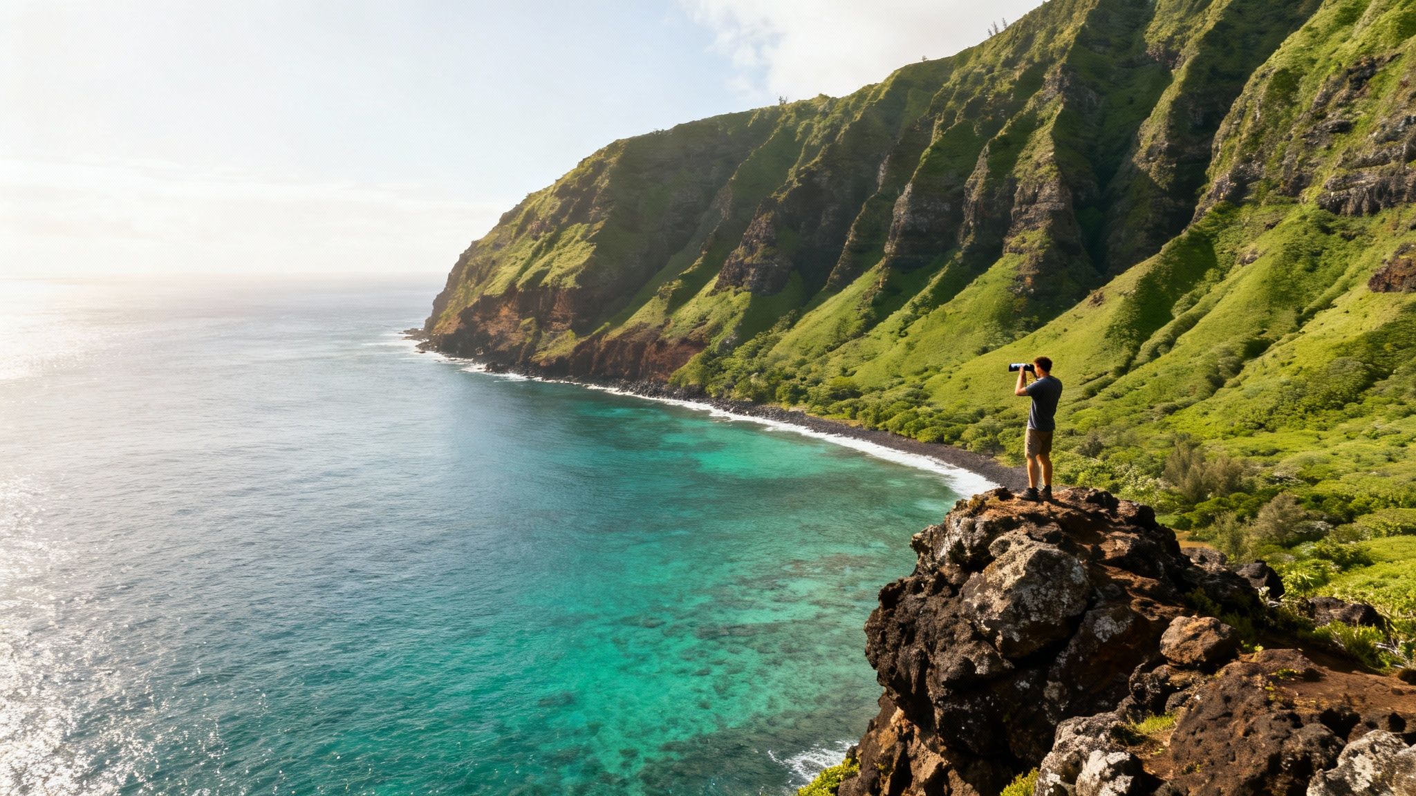 A scenic view of the calm Kohala Coast with a whale's tail visible in the distance.