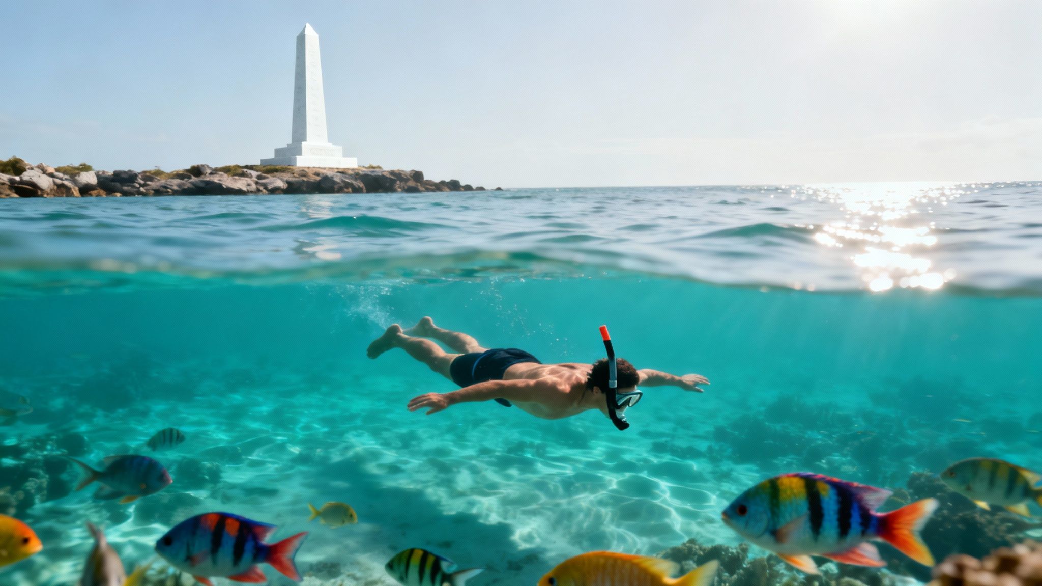 Snorkelers exploring the vibrant coral reef near the Captain Cook monument in Kealakekua Bay.