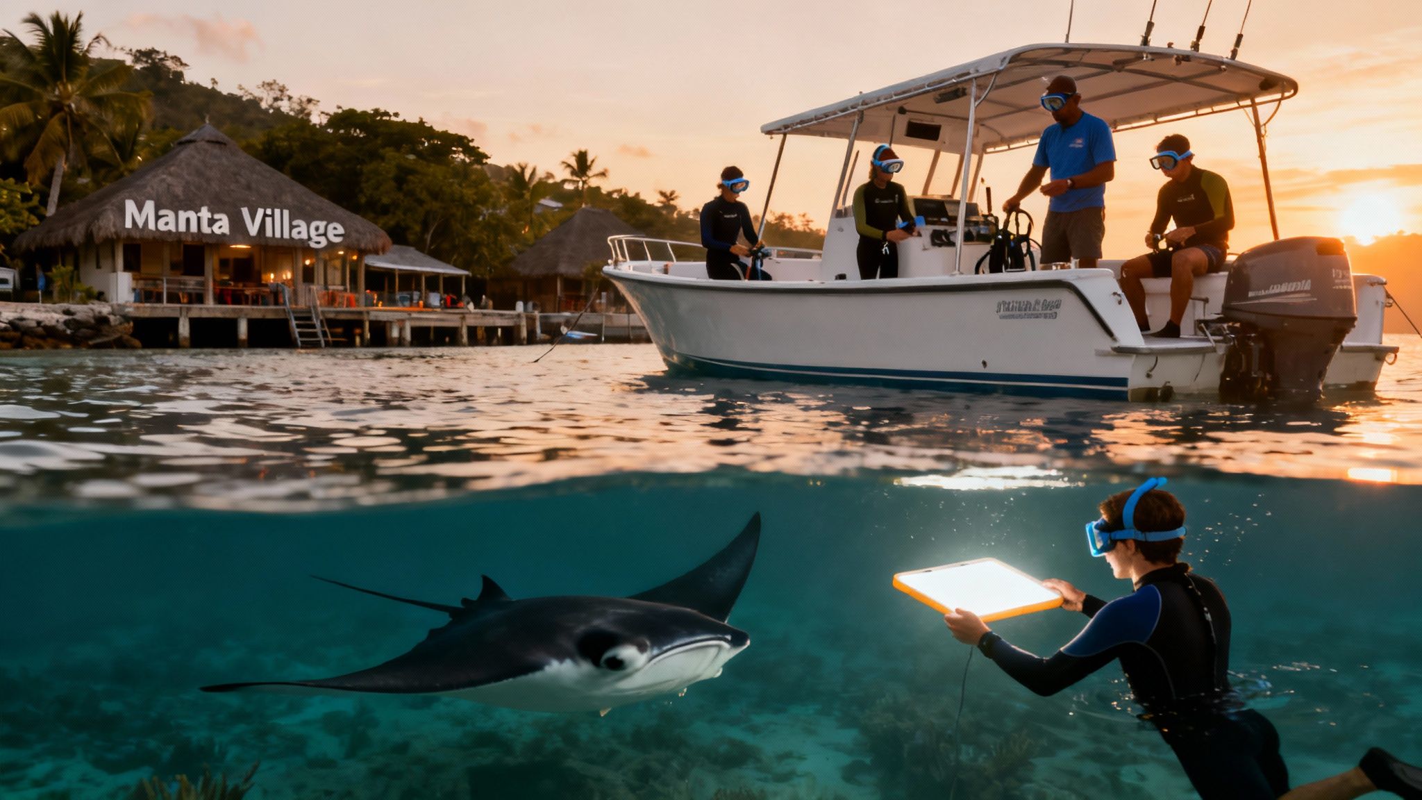 An over-under shot of a diver with a light illuminating a manta ray near Manta Village at sunset.