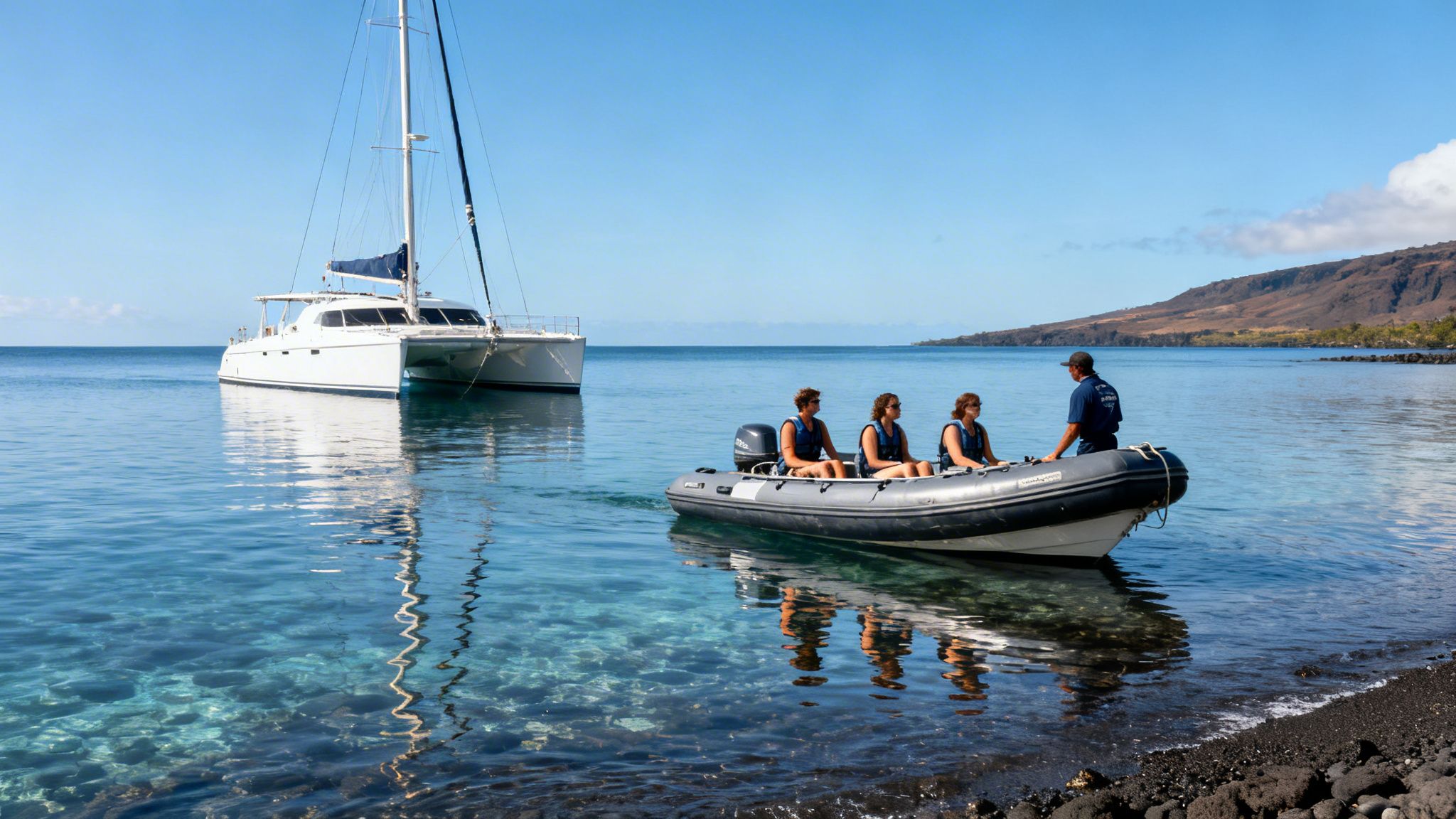 A dinghy with four people approaches a volcanic beach, with a white catamaran anchored nearby.