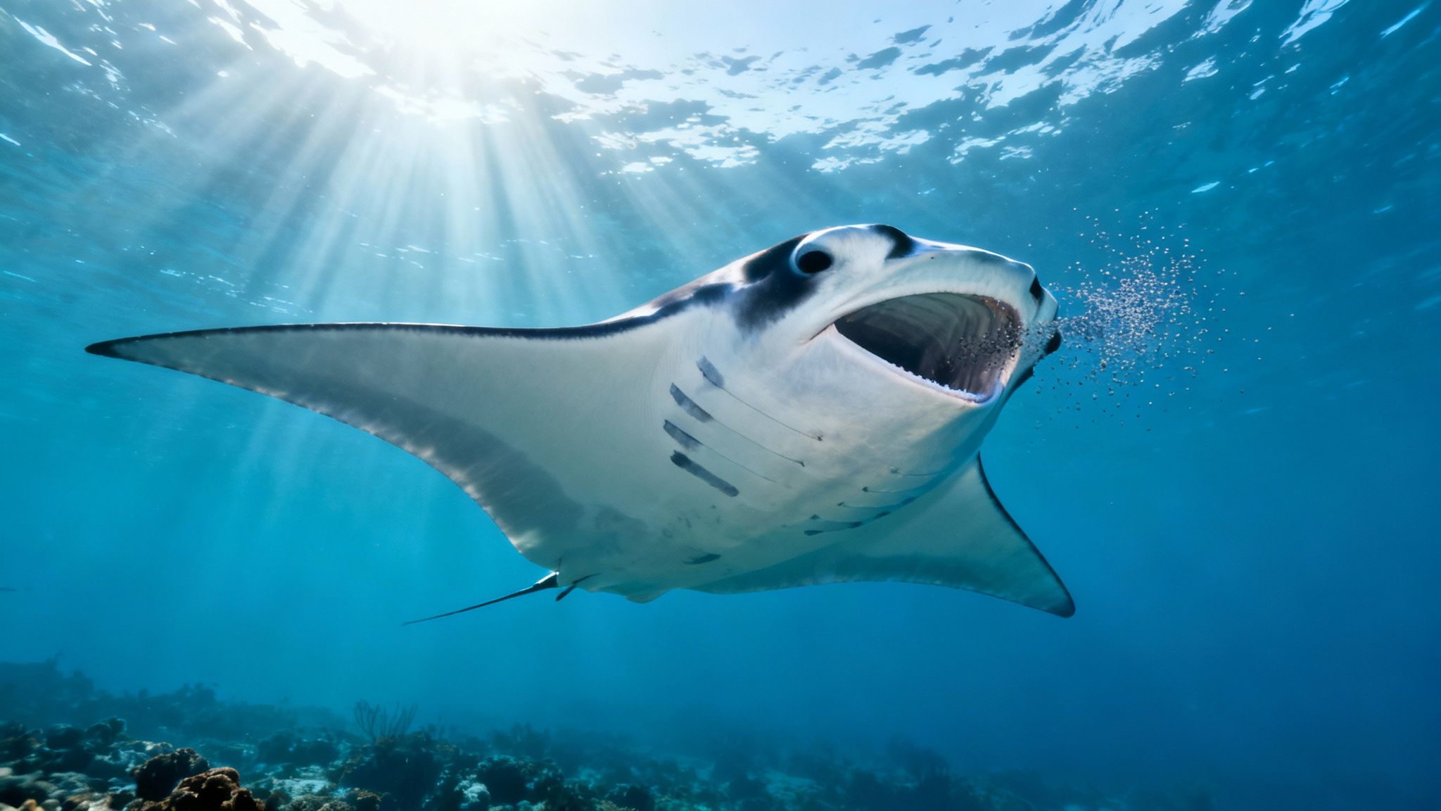 A majestic manta ray swimming underwater with its mouth open, feeding on plankton beneath sunlit surface.