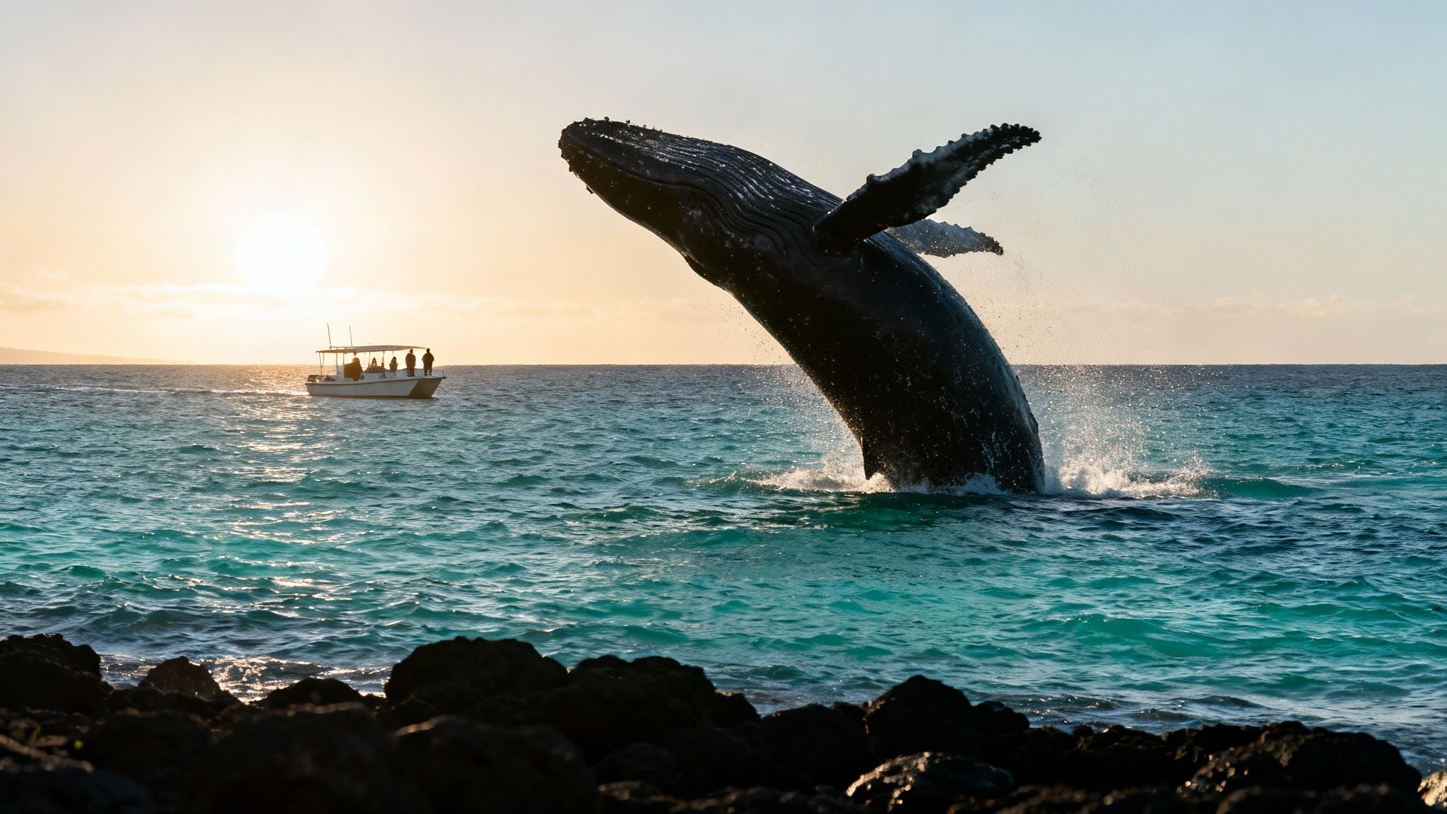 A majestic humpback whale breaches out of turquoise ocean water during a vibrant sunset, watched by people on a boat.
