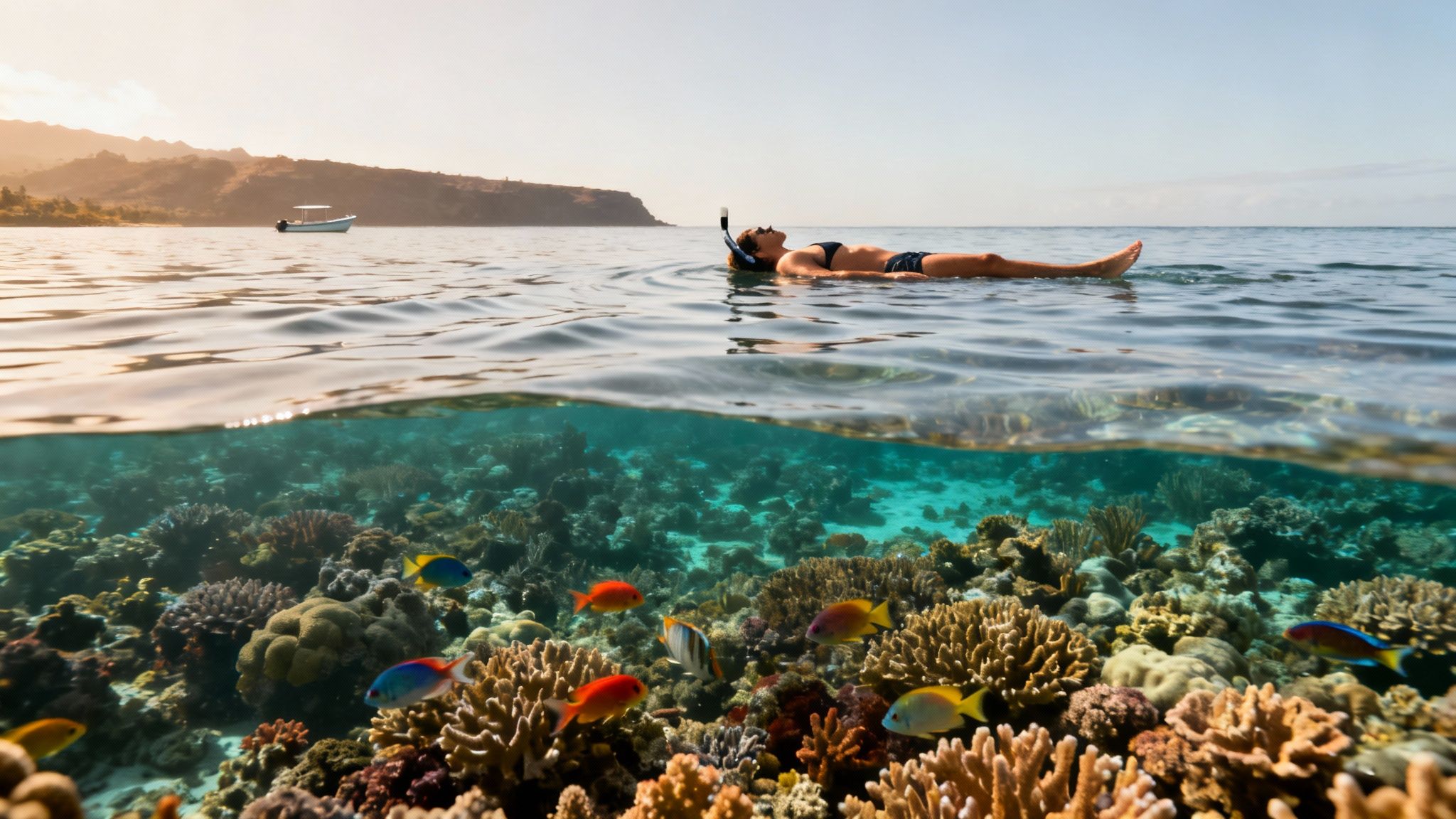 Snorkeler floating above vibrant coral reef teeming with colorful tropical fish in crystal clear waters