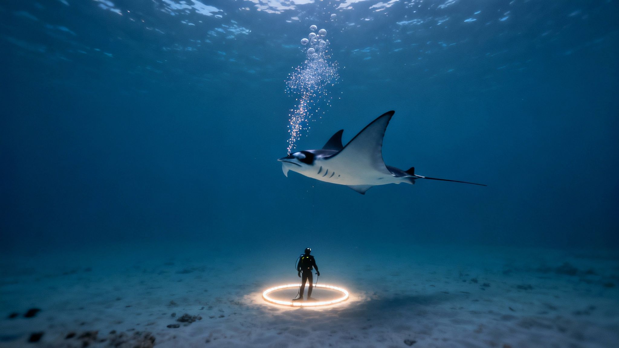 Manta rays feeding under lights in Kona