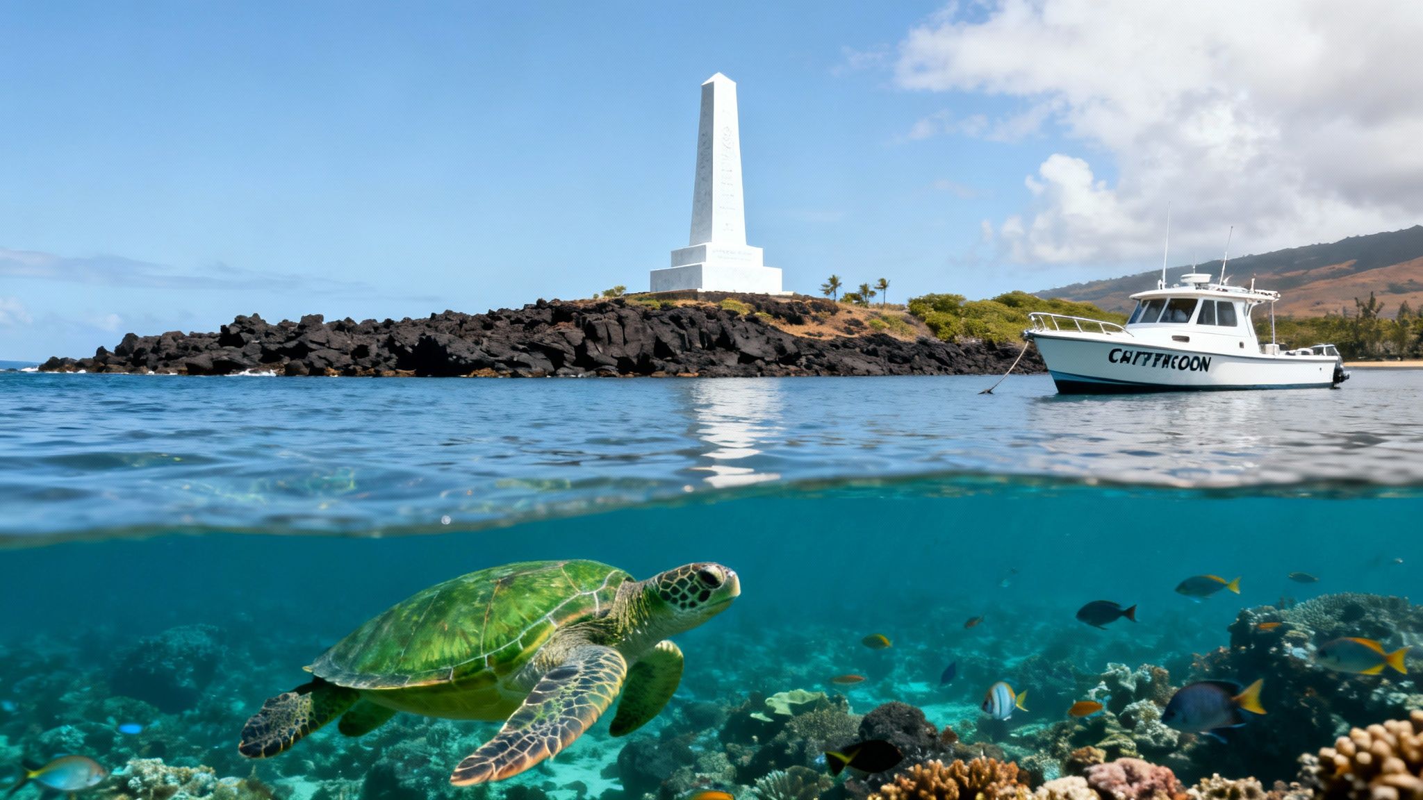 A stunning split view of a green sea turtle and coral reef underwater, with a boat, monument, and island above.
