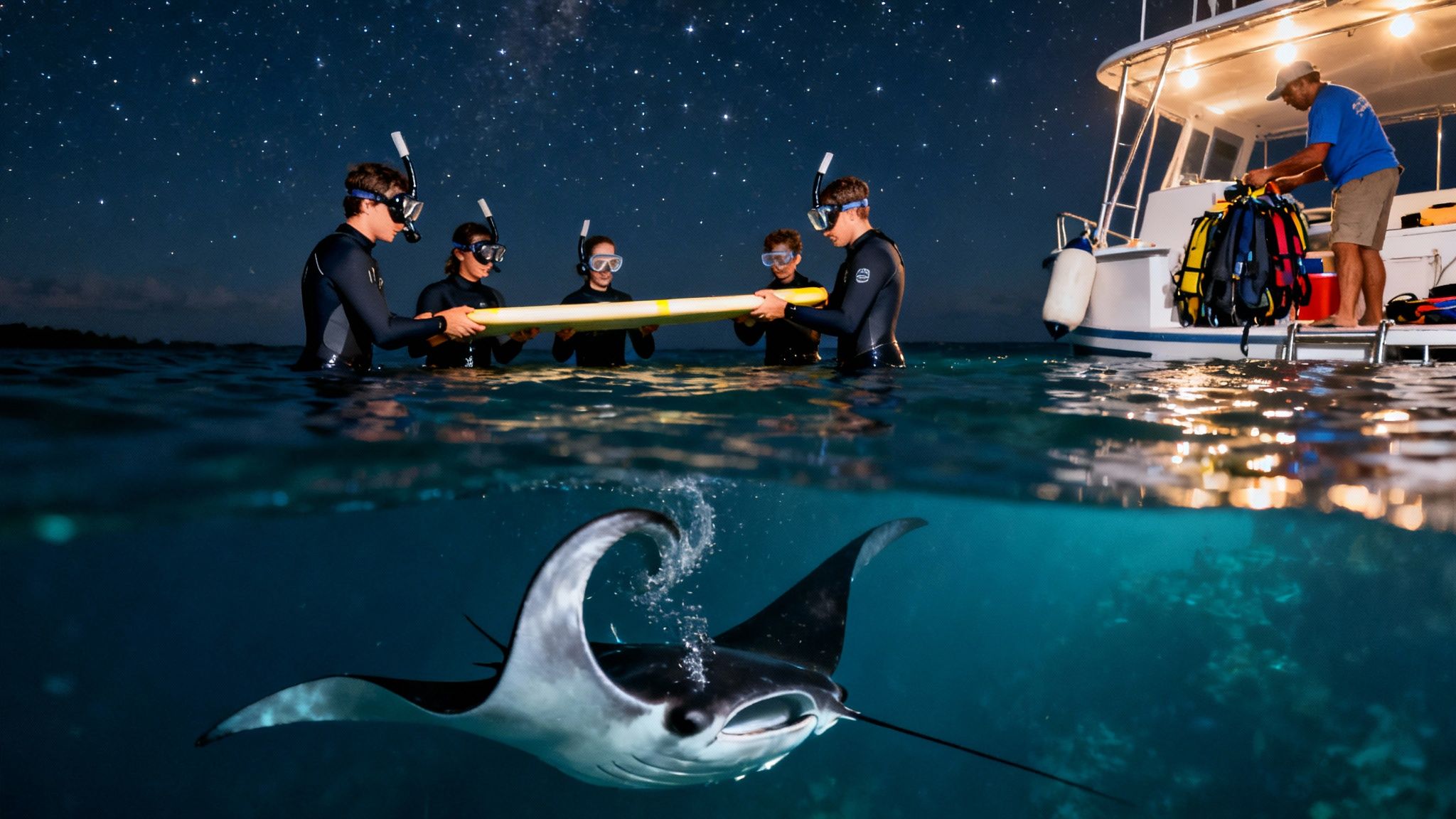 Group night snorkeling under a starry sky, with a majestic manta ray swimming gracefully underwater.