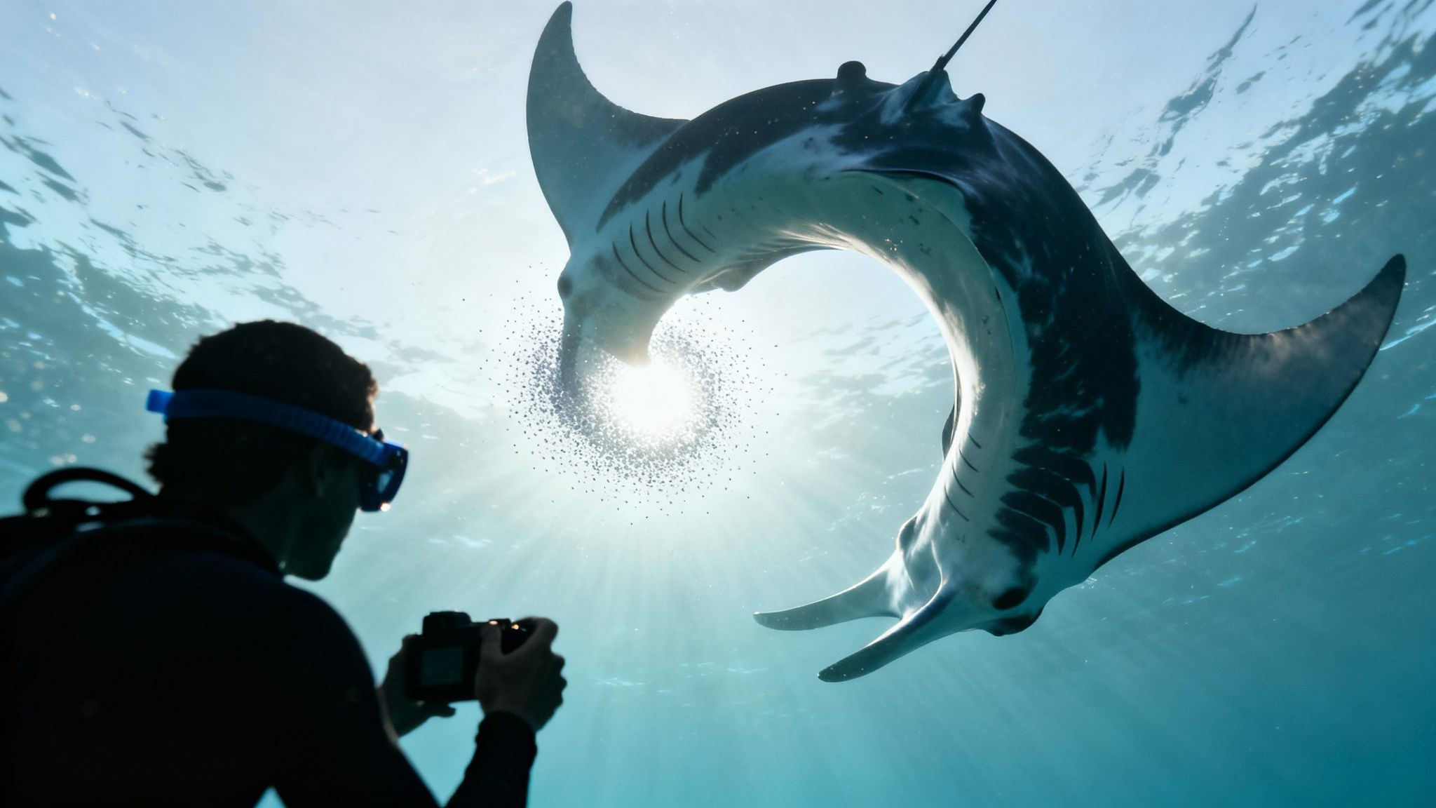 Underwater view of a snorkeler capturing a photograph of a large manta ray in clear water.