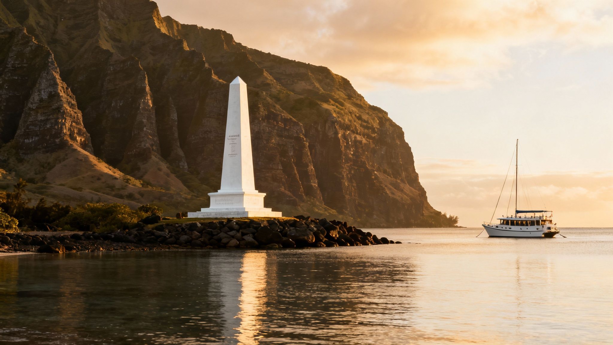 A white obelisk monument on a rocky shore with a sailboat on calm water at golden hour.
