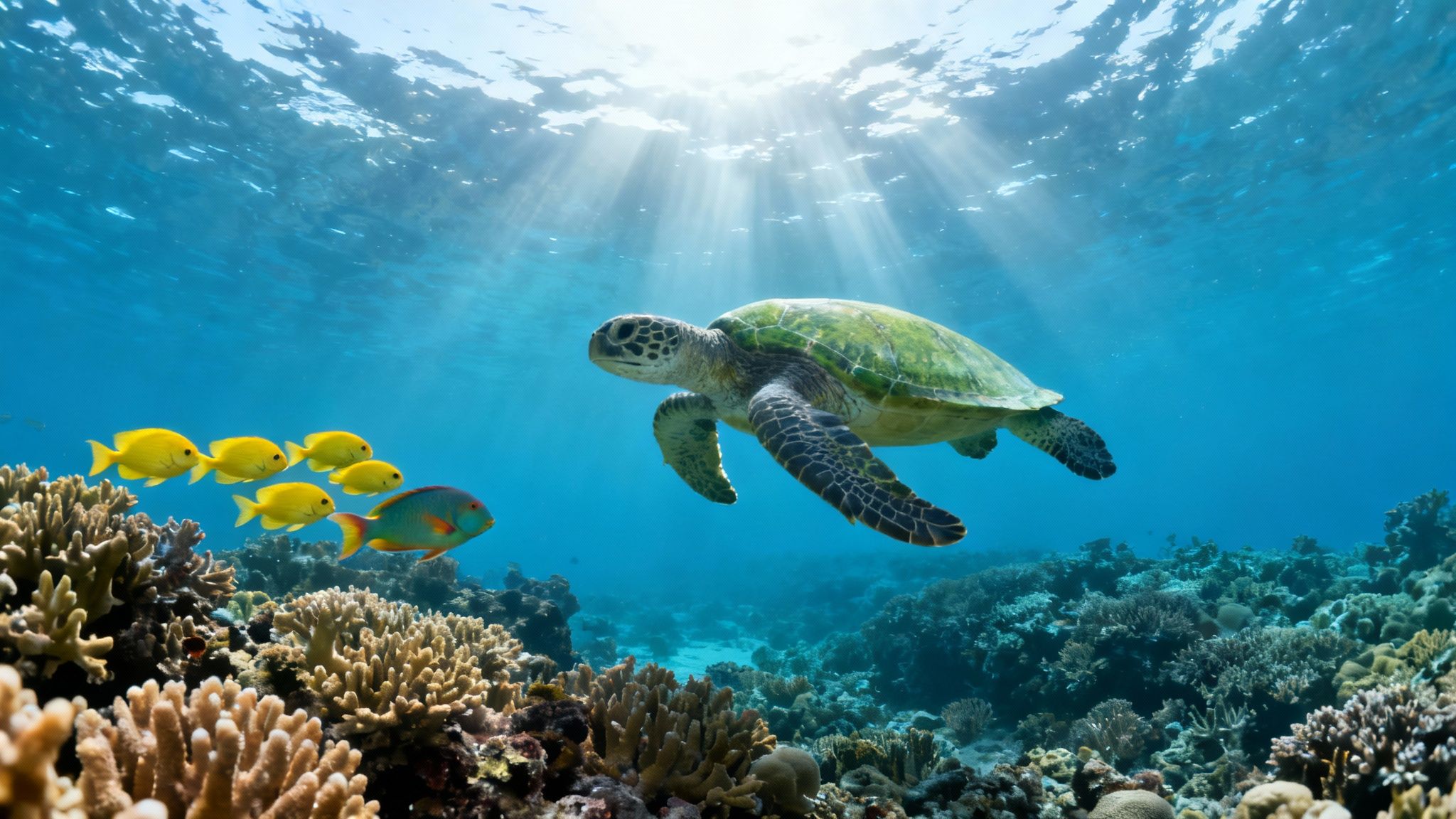 A green sea turtle gracefully swims over a vibrant coral reef, with sun rays beaming through the clear blue water.