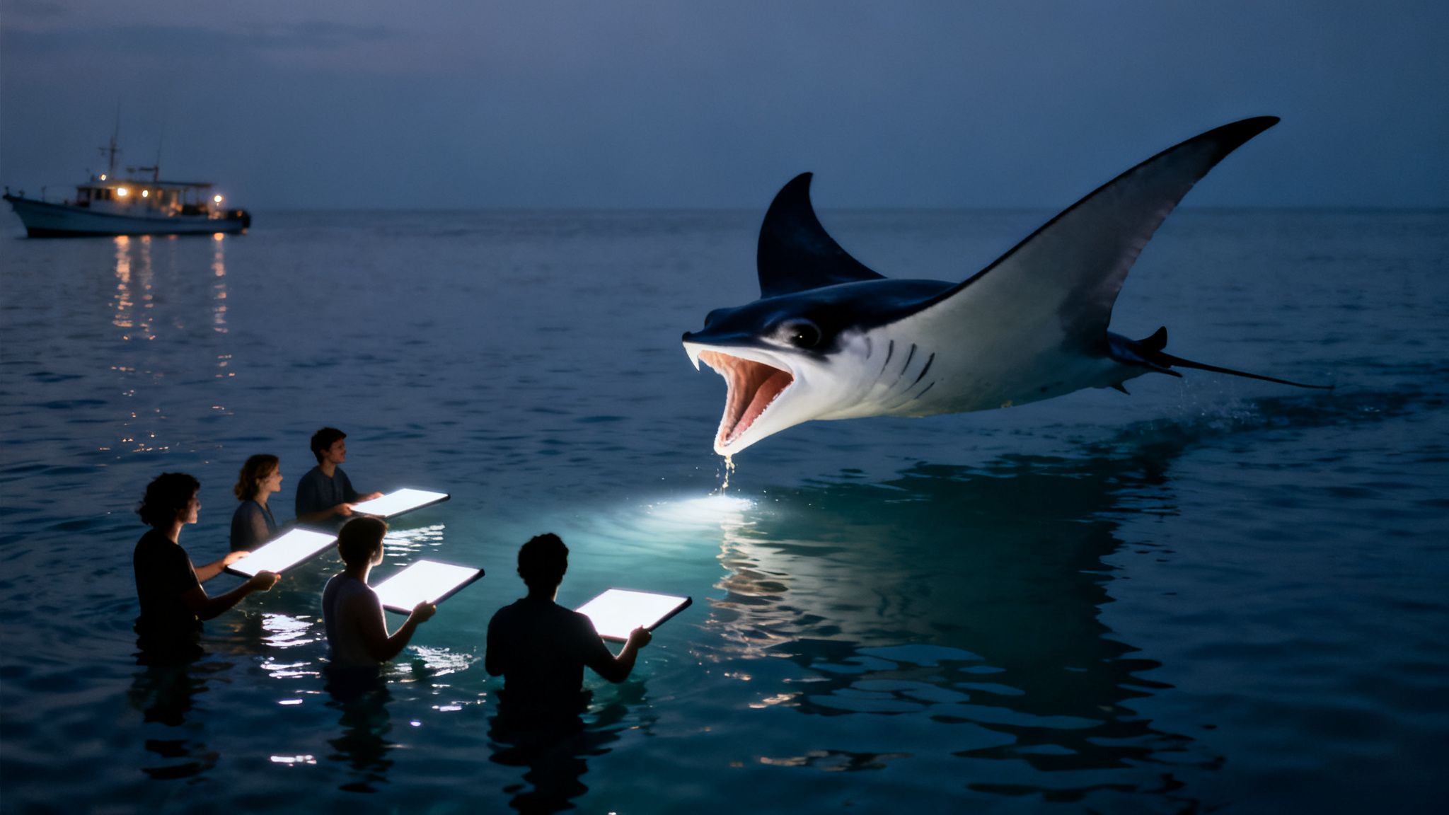 People in water illuminate a jumping manta ray at night with glowing panels.