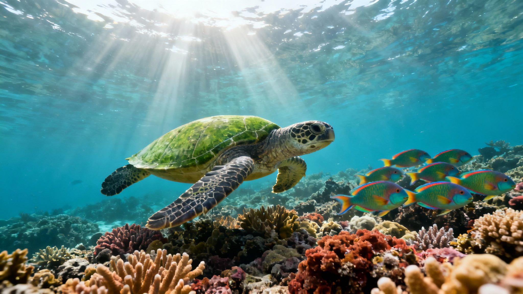 A green sea turtle swims gracefully over a colorful coral reef with bright sun rays and a school of fish.